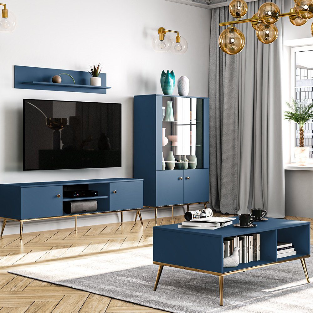 Lomadox Wohnwand MONTPELLIER-131, (4-St), dunkelblau, LED-Beleuchtung, Füße & Griffe goldfarben, mit Couchtisch