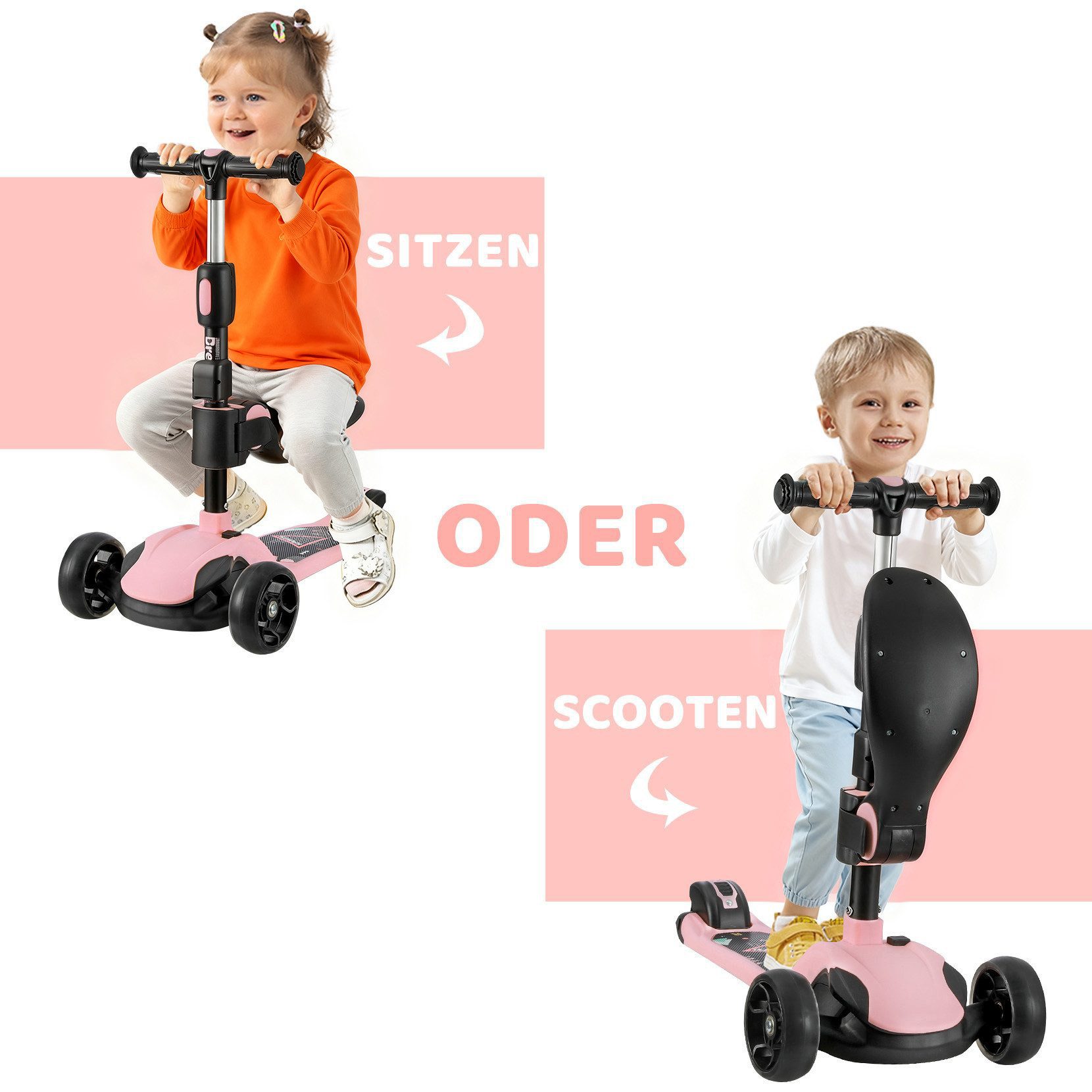 OUNUO Dreiradscooter Kinderroller mit Klappsitz, höhenverstellbar, mit LED, für 2 Jahre ab