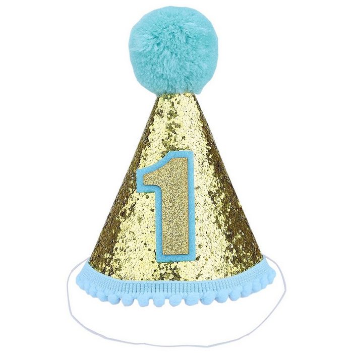 BEARSU Zylinder 1.Geburtstag Hut Partyhüte Glitter Sparkle Verstellbares Stirnband Kegelhut Partyhüte mit Pom Poms Kindergeburtstagsfeierbedarf für Kinder Baby Jungen Mädchen Partydekorationen Blue (1-St)