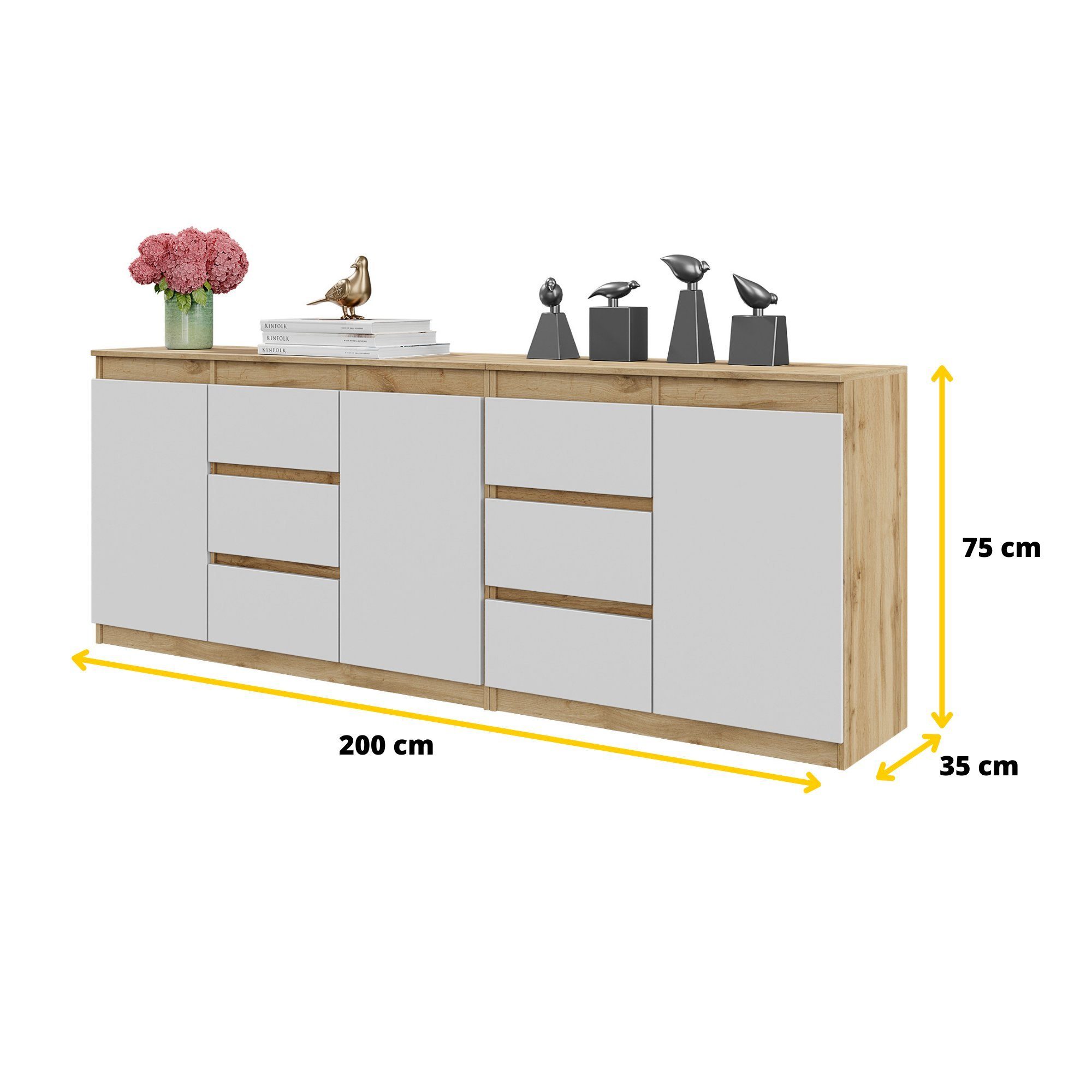 B200cm Schubladen T35cm Votan Eiche/Weiß 6 MIKEL, Kommode 3 Türen Furnica und H75cm Votan Matt Eiche -