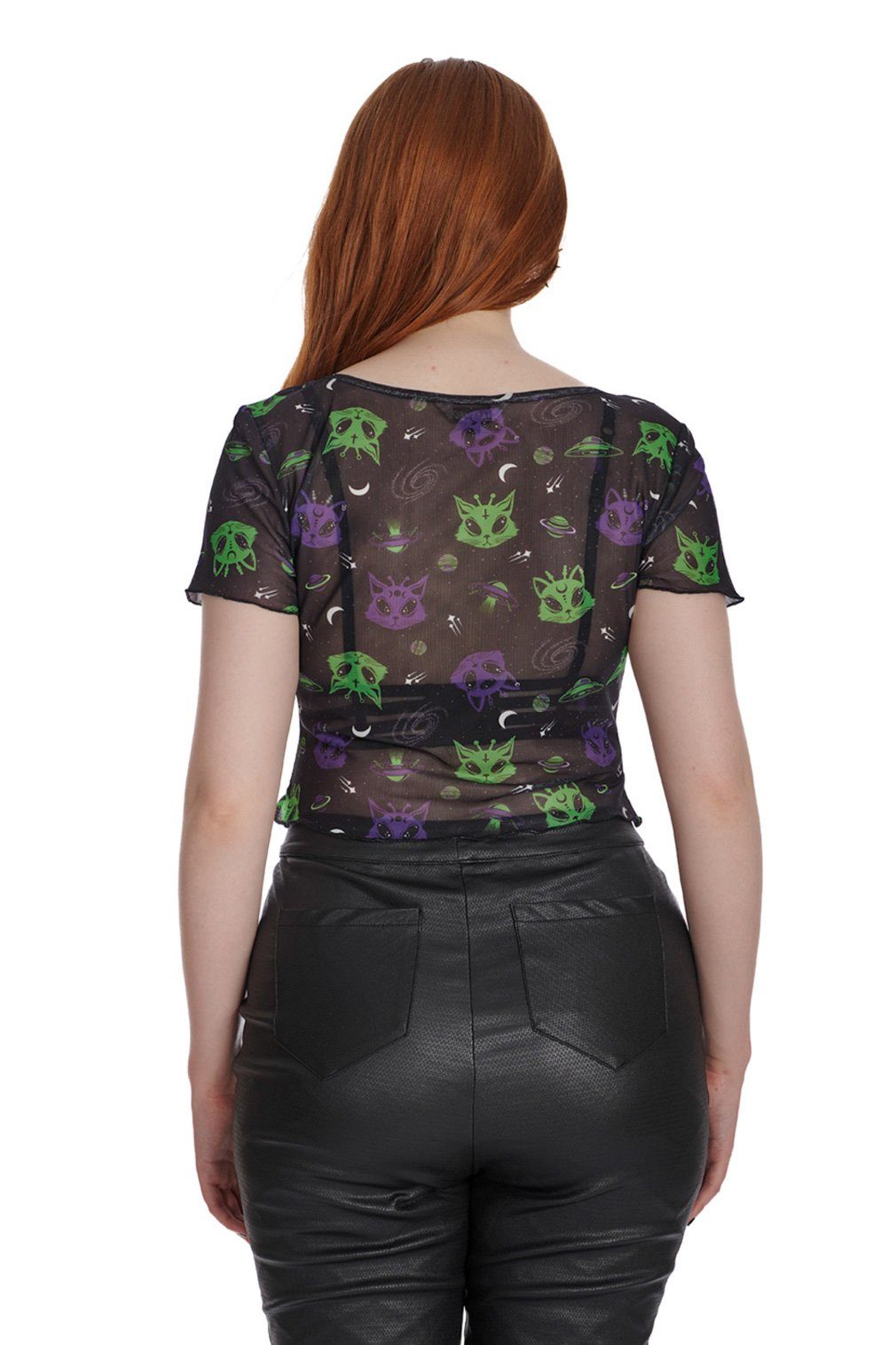 Banned Shirttop Alien Space Cat UFO Katze Mesh Oberteil Space Kitty