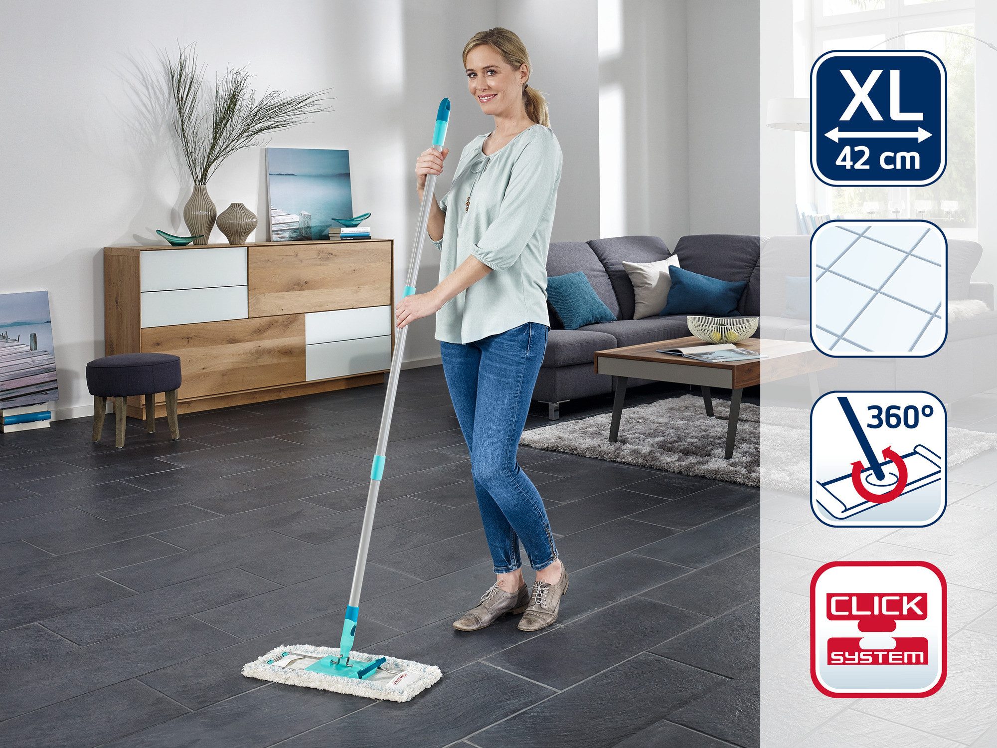 Leifheit Bodenwischer-Set Bodenwischer Profi XL cotton plus (Box), (3-St), Waschbar bei 60°C, Wischbreite 42cm, Arbeitshöhe 146cm, Click-System