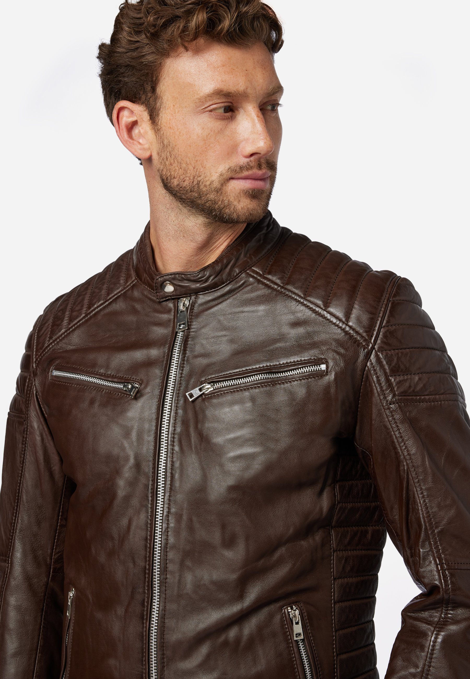 RICANO Lederjacke Cooper Lederjacke im Biker-Stil mit Stehkragen