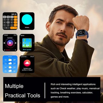Marsyu Benachrichtigungen erhalten Smartwatch (1,96 Zoll, Android, iOS), Herzfrequenz Blutdruck SpO2 Körpertemperaturmessung,IP68 Wasserdicht