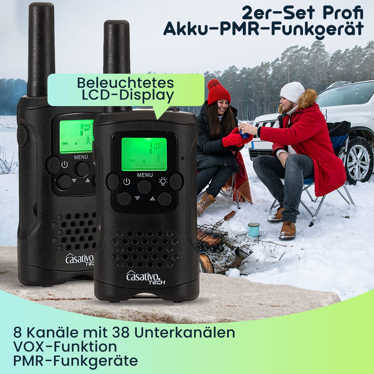 Casativo Funkgerät Gürtelclip & Taschenlampe, Walkie Talkie mit 10km Reichweite, (4-St., 2 Walkie Talkie), 8 Kanäle, Ladestation, 8 Stunden Sprechzeit