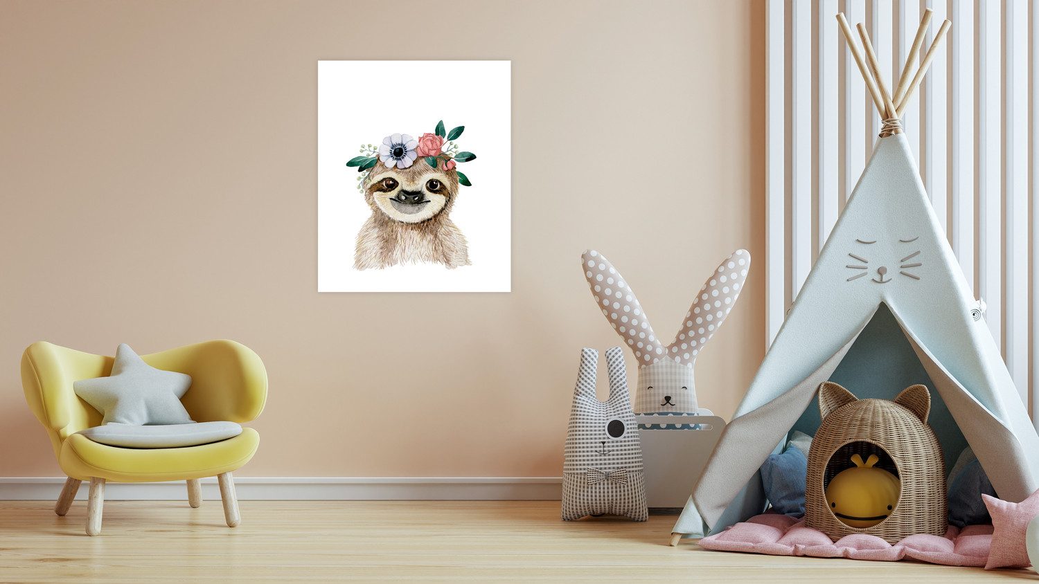 Lüttenhütt Bild mit Rahmen oder Poster, Faultier mit Blumenkranz, Fantasy, Faultier, Tiere (1 St), HD Premium Druck
