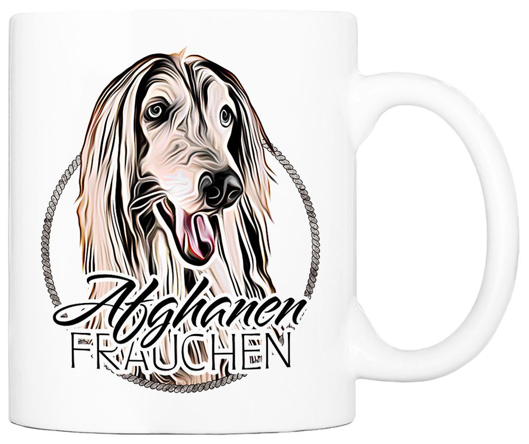 Cadouri Tasse AFGHANEN FRAUCHEN - Kaffeetasse für Hundefreunde, Keramik, mit Hunderasse, beidseitig bedruckt, handgefertigt, Geschenk, 330 ml