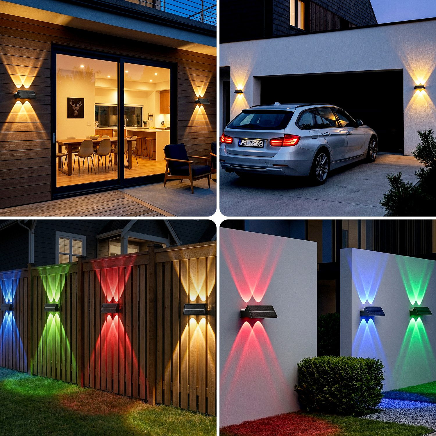 oyajia LED Außen-Wandleuchte LED Solarlampe für Außen Einstellbar Solarlampen für Außen RGB 4 Modus, LED fest integriert, RGB, RGB 9 Farben Solarleuchte für Zaun Wand Terrasse Garten Balkon Deko