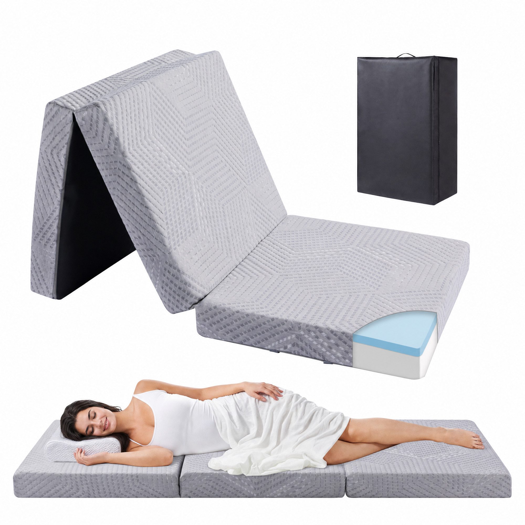 Klappmatratze 3-teilig H3 Faltmatratze Gästematratze Gel Memory Foamkern, Tragegriff, emerspring, 10 cm hoch, Ideal als Gästebett, Bodenmatratze und Campingmatratze