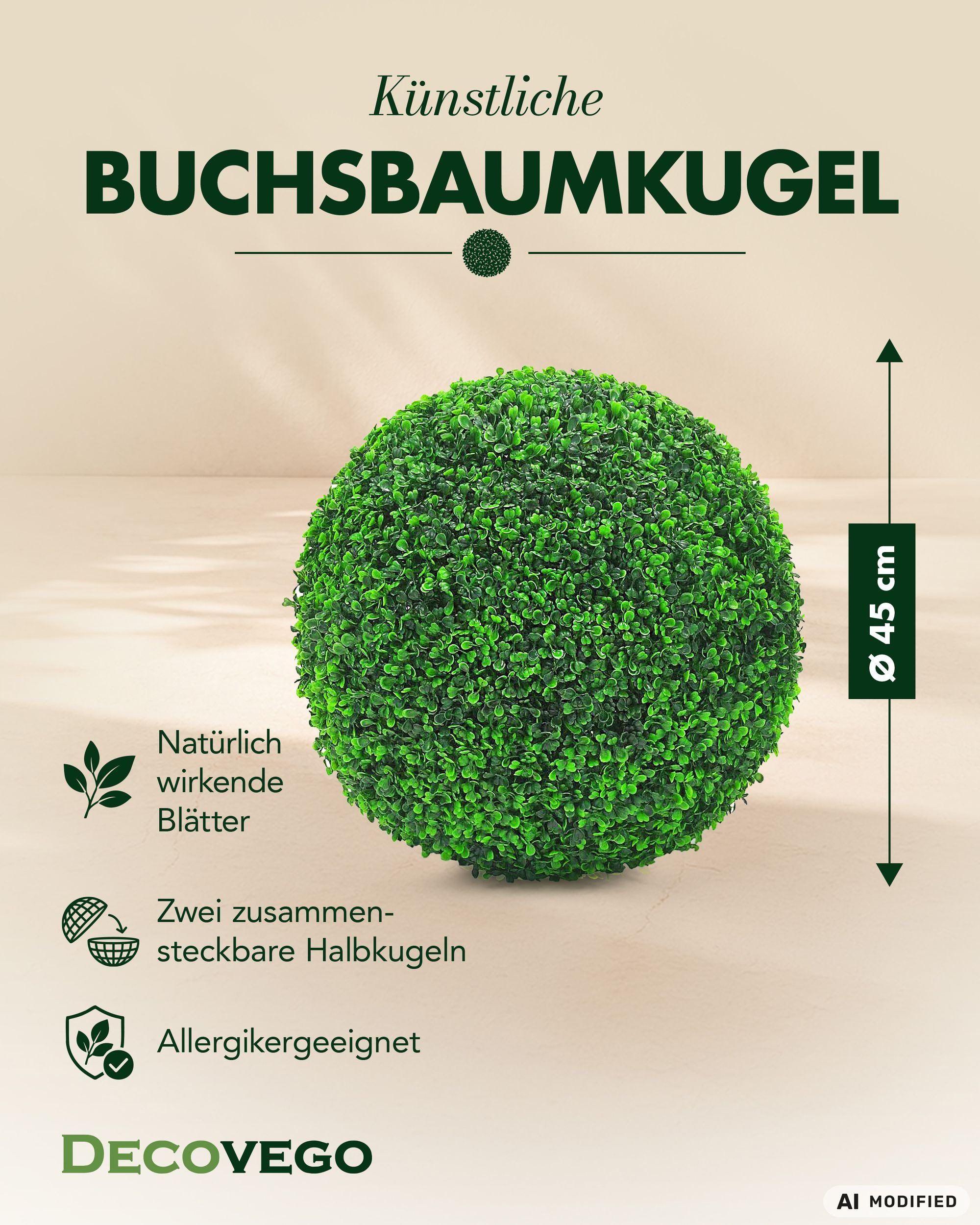 Kunstpflanze Deko Buchsbaum Künstlich Buchsbaumkugel Buchskugel 45 cm Kunstpflanze Buchsbaum, Decovego, Höhe 45 cm – Bild 2 von 5
