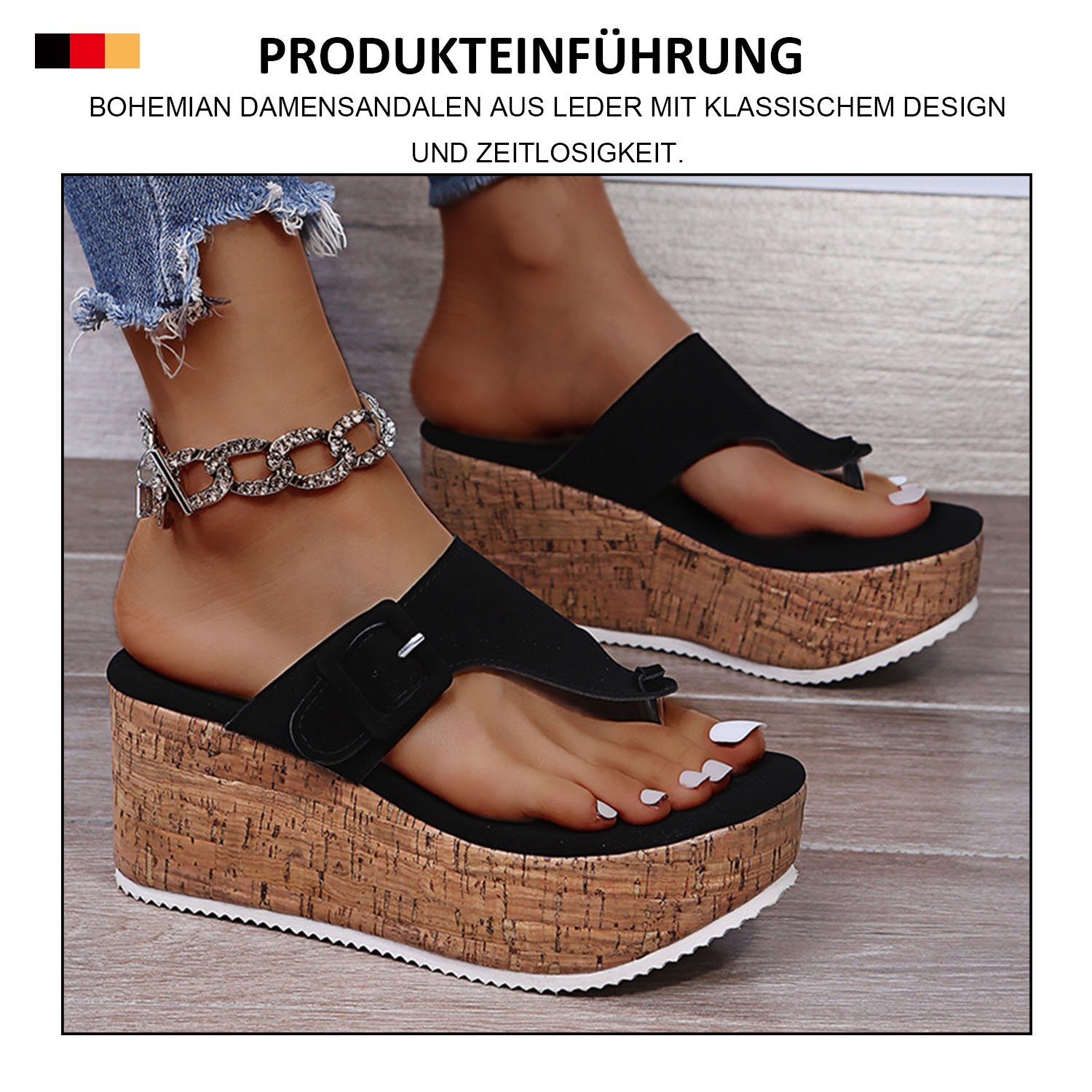 schwarz Römische MAGICSHE Leder Flip-Flops Pantolette Strandsandalen Keilabsatz Zehentrenner aus mit