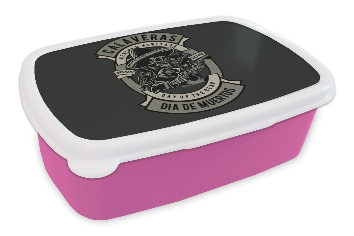 Skelett rosa Lunchbox MuchoWow Snackbox, - Brotbox Kunststoff, Kunststoff Mädchen, Erwachsene, Pistole Retro, für Brotdose - Kinder, (2-tlg),
