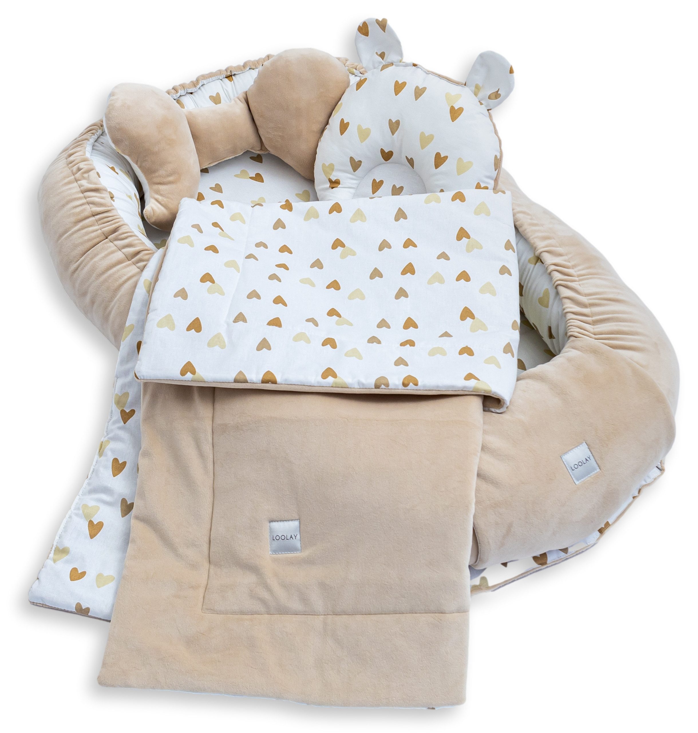 Loolay Kuschelnest BABYNEST 5 TLG. Set PREMIUM Babyausstattung Baumwolle & Samt Velours, (MUSTER: BEIGE Samt Velour/ Herzchen Beige Braun, 5-tlg., Liebevoll handgefertigt Nestchen! Geborgenheit Komfort für Neugeborene), Premium Ausstattung - 100% Europäische Stoffe und Kleinserien-Nähen!