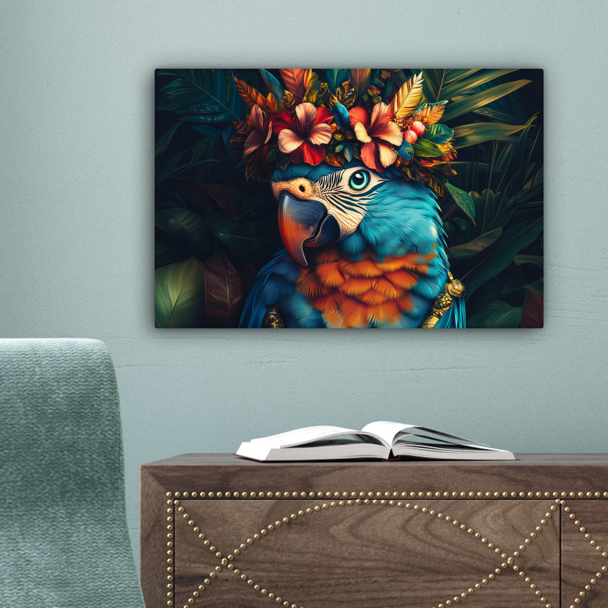 OneMillionCanvasses® Leinwandbild Papagei - Vogel - Bunt - Blumen - Blätter, Fotodruck (1 St), Leinwand Bilder Klein, Wand Dekoration Aesthetic 30x20 cm – Bild 3 von 5