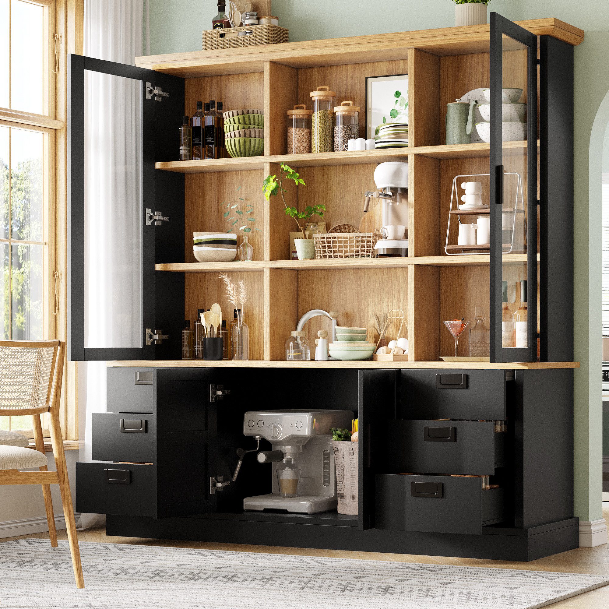 Flieks Küchenbuffet Glasvitrine Hochschrank mit 2 Glastüren und 6 Schubladen (1-St., B140/T40/H185 cm) Mehrzweckschrank Multifunktionsschrank Bücherregal Schwarz & Natur