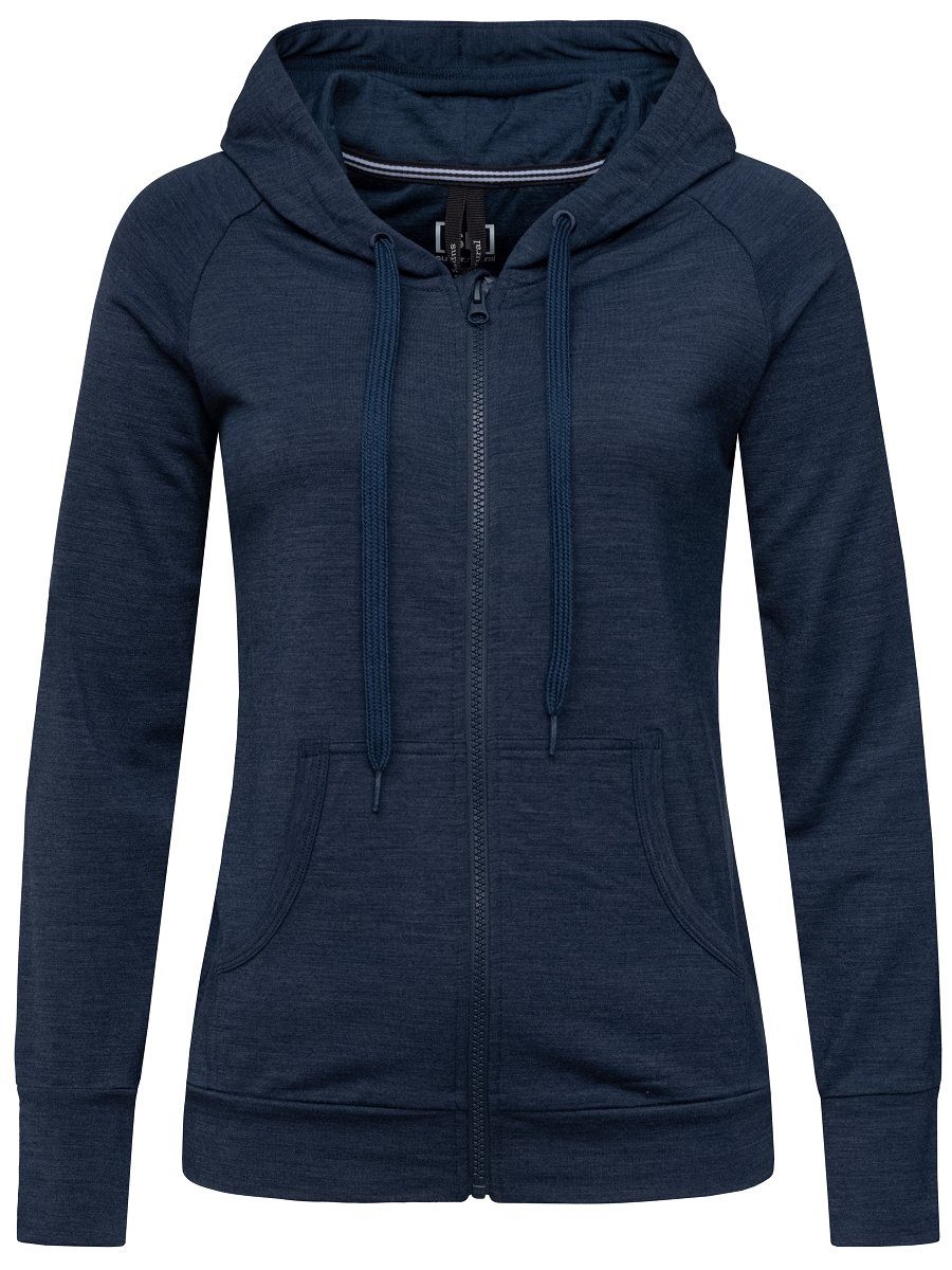 SUPER.NATURAL Sweatjacke ZIP W Merino-Materialmix HOODIE Merino ESSENTIAL Hoodie optimaler BLUE MELANGE IRIS