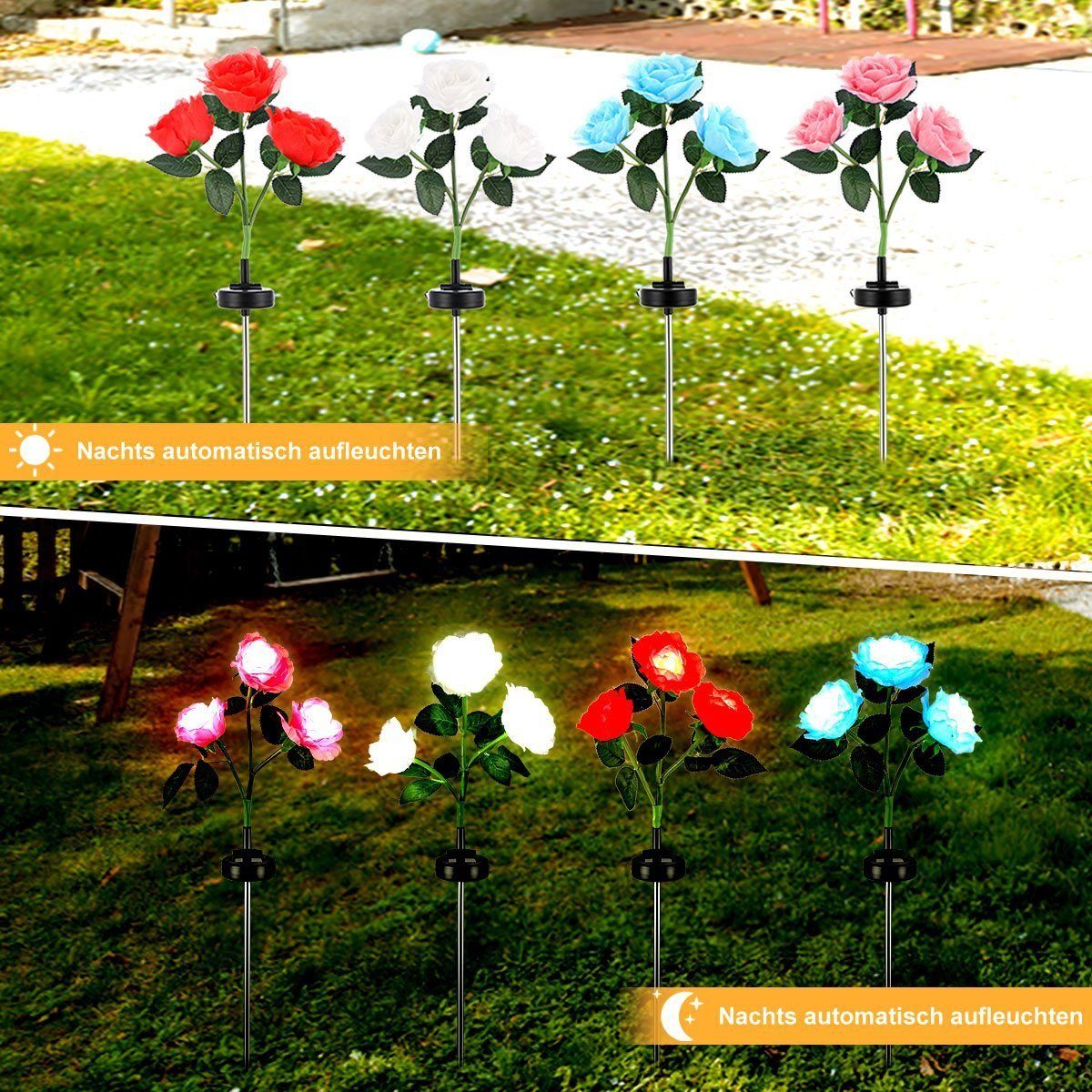 Garten, Solarlampen iscooter Garten Rose 2V 3 mit Lichter, LED Garten Solarleuchten integriert, Solar Solarleuchte Lampen für Deko, Außen, Rose Rasen LED blau fest LED für Wasserdicht