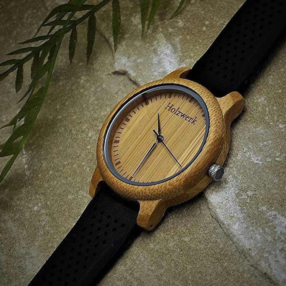 Silikon Holzwerk beige Armband & Quarzuhr in Herren Damen Uhr mit schwarz & LINDEN Holz