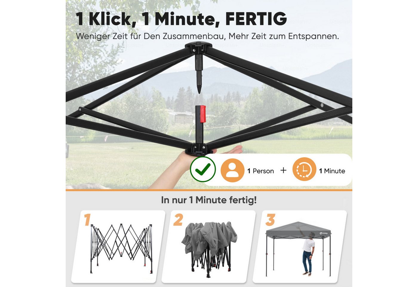 Thumbnail - Sekey Faltpavillon 300x300 cm Pop-Up Pavillon, 3 wählbare Höhen: 270cm, 260cm und 250cm, Wasserdicht, Stabil, Sonnenschu...