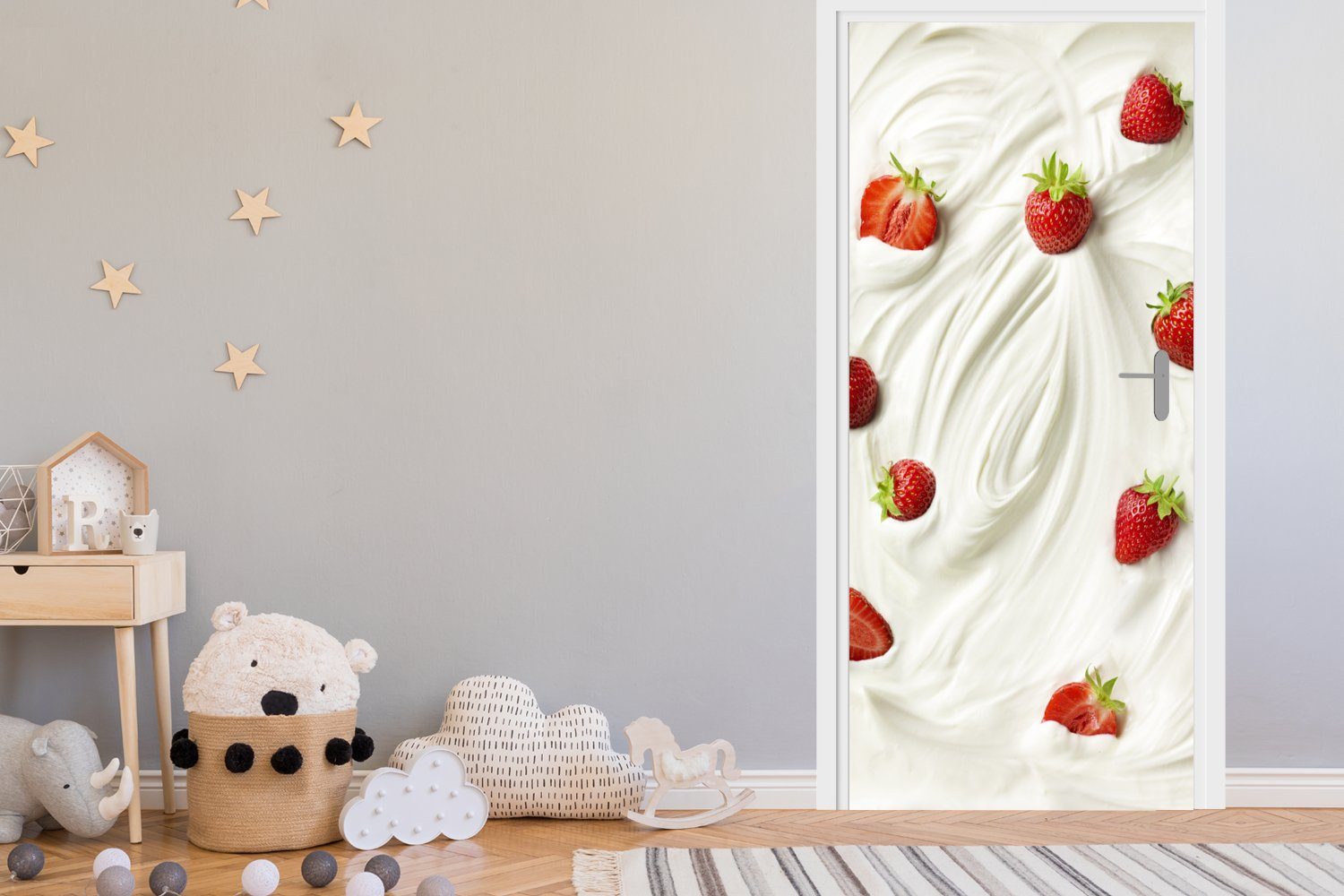 MuchoWow Türtapete (1 Rot, für 75x205 Erdbeere - Türaufkleber, Matt, cm bedruckt, St), Tür, - Fototapete Joghurt
