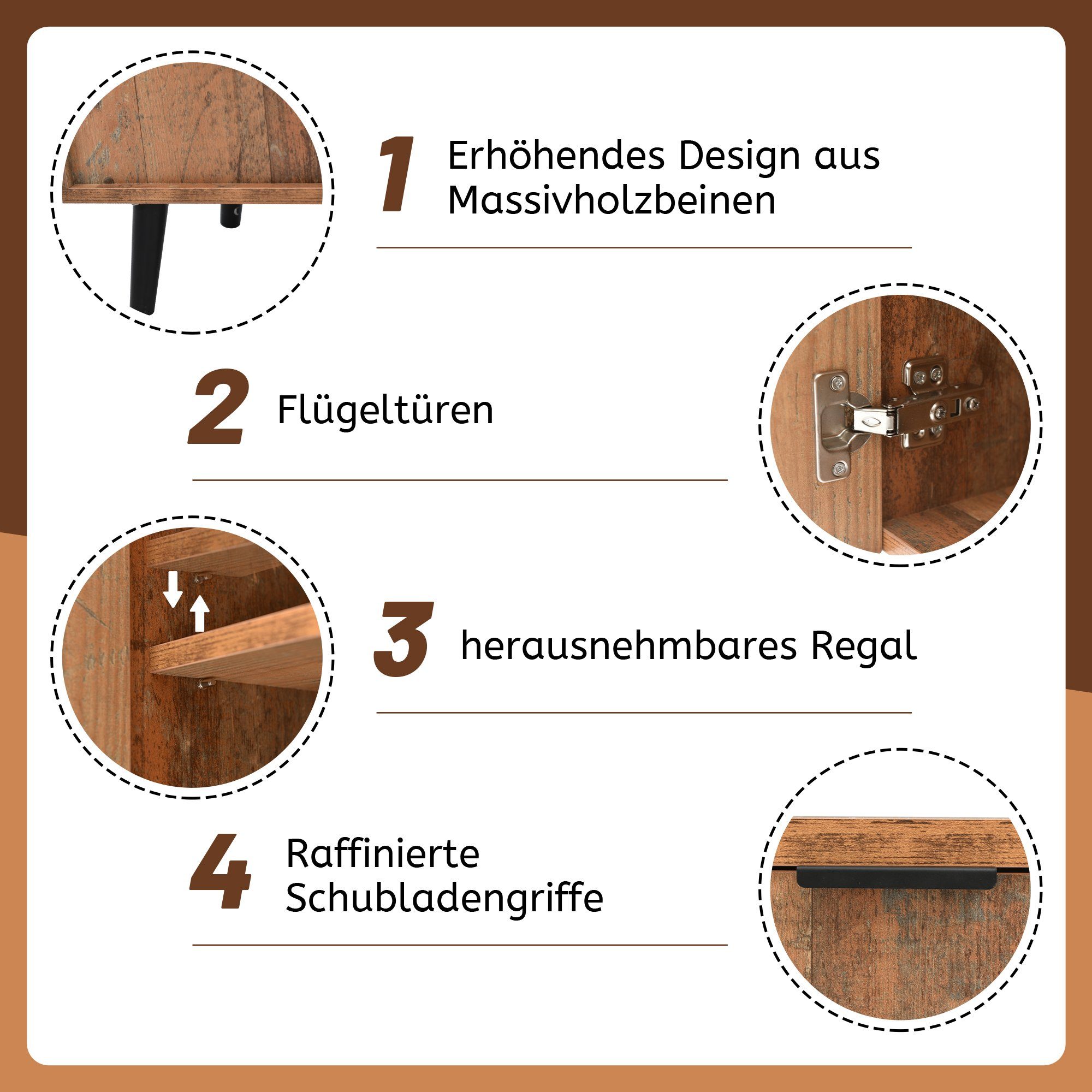 Merax Sideboard in Altholz-Optik mit 3 Schubladen und 2 Türen, Kommode mit verstellbaren Ablagen,B:140cm