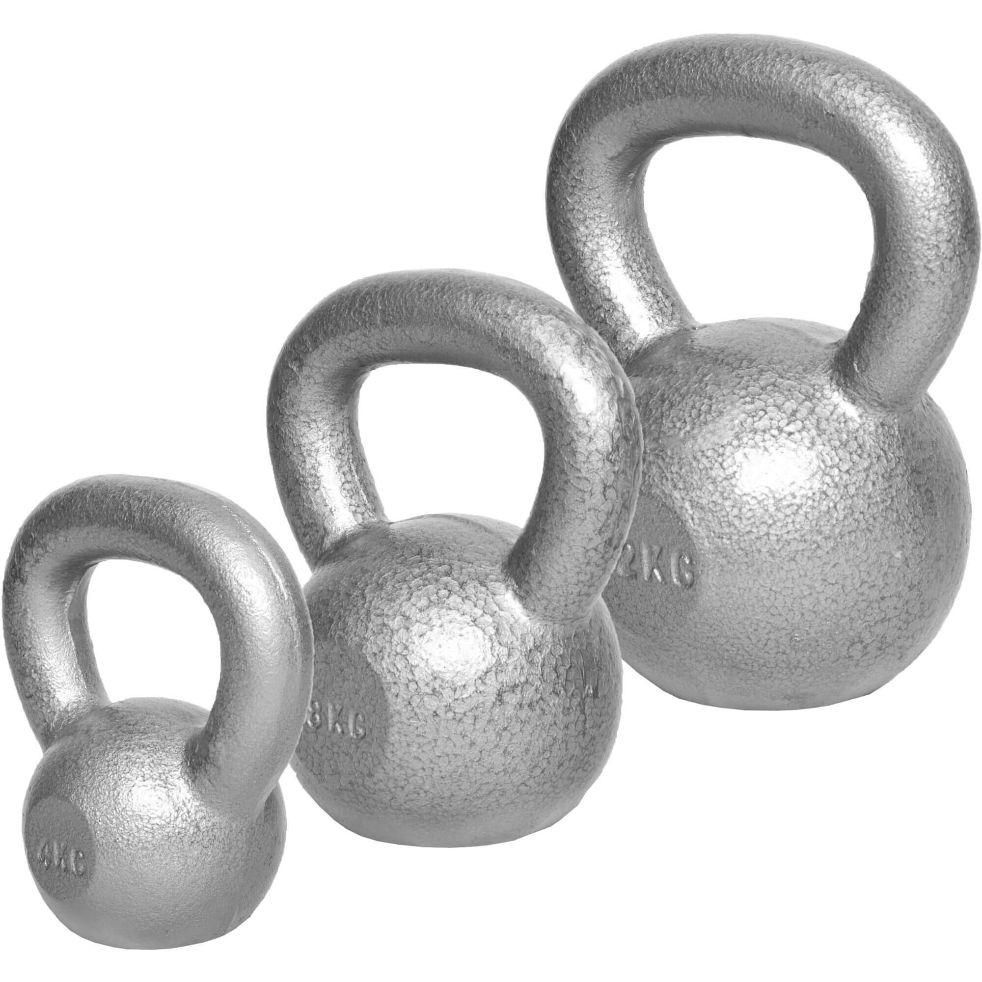 GORILLA SPORTS Kettlebell 2 bis 32 kg Gewichte, Einzeln/Set, Gusseisen, Bodenschonend Silber - Set
