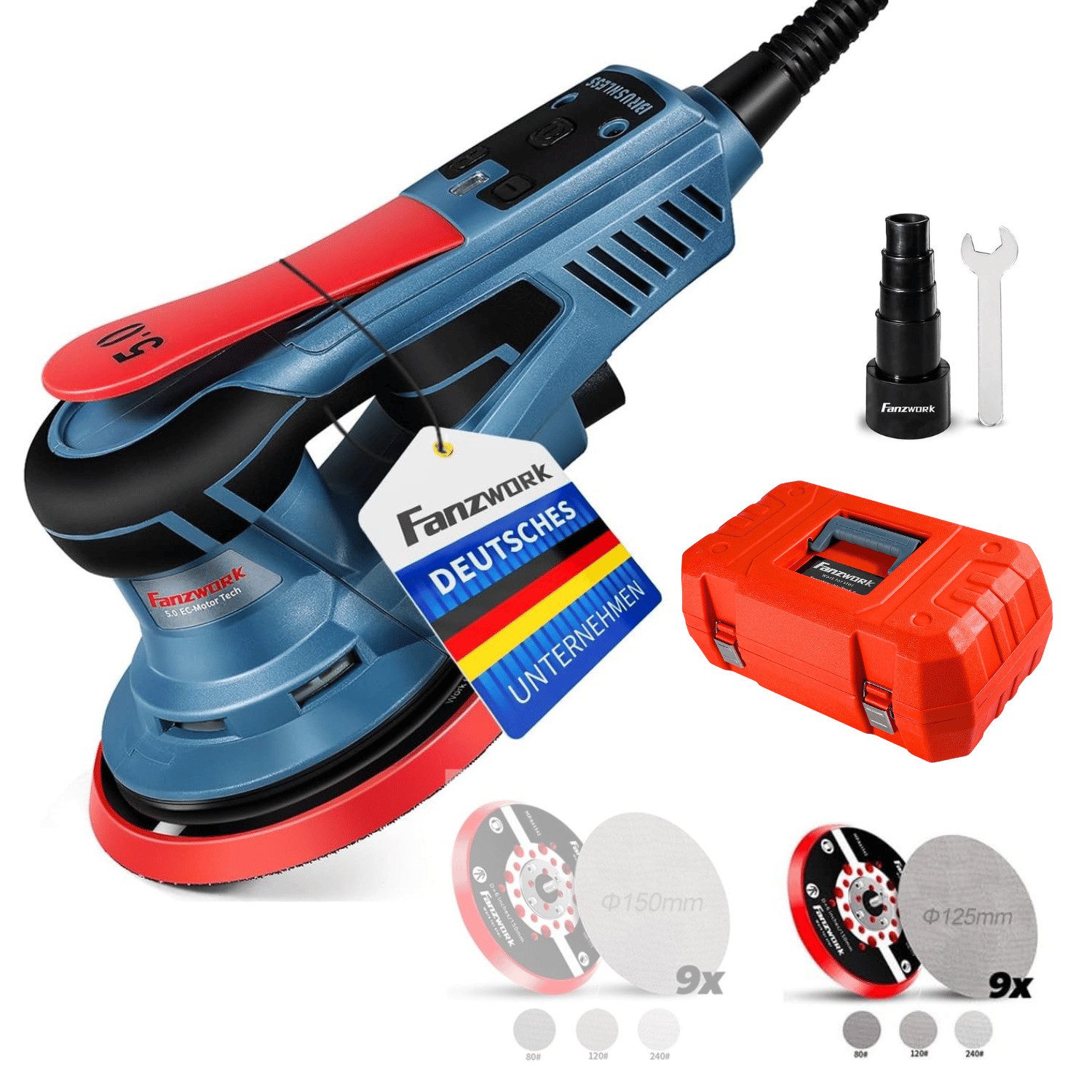 Fanzwork Exzenterschleifer 350W bürstenlosen Motor mit 125mm/150mm Schleifteller, 5mm Schleifhub, Vibrationsarm und wartungsfrei