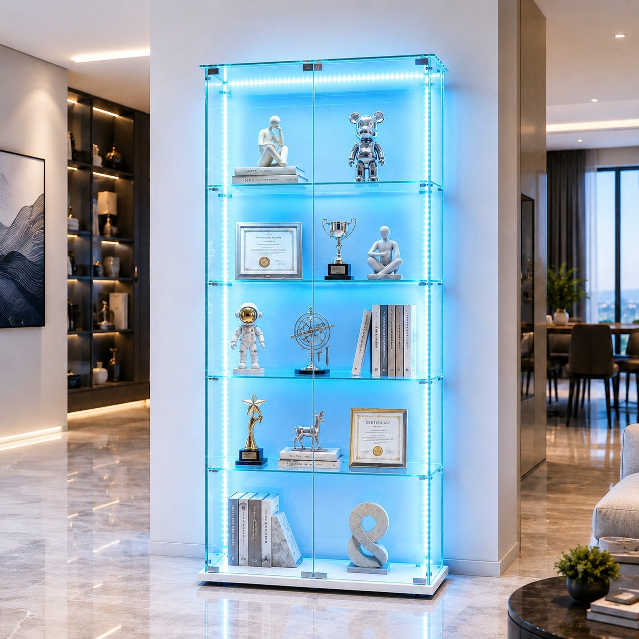Simurq Glasvitrine Standvitrine mit LED und 2 Glastüren, Vitrinenschrank Glas (4 Ebenen(78,5x35x163 cm), 5 Ebenen(78,5x34,5x186,5 cm), Glasschrank mit 2 Türen,Schloss,Sammlervitrine) LED-Beleuchtung, abschließbare Türen, gehärtetes Glas