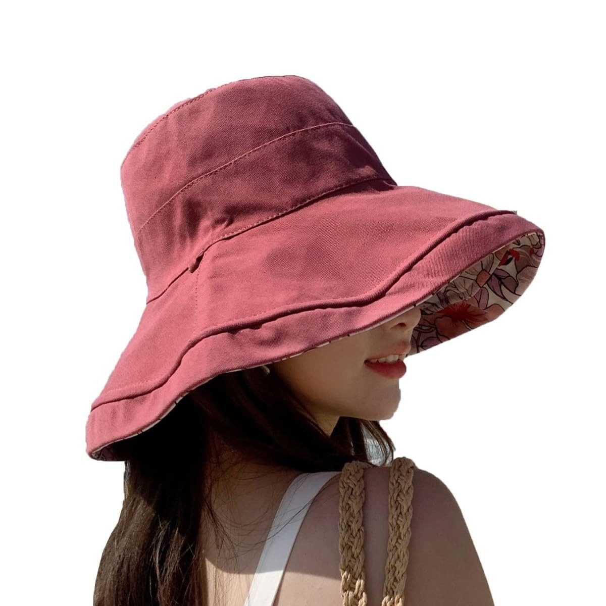 Zaewry Fischerhut Wendbarer Bucket Hat für Damen, UV-Sonnenschutz, Breite Krempe Fischerhut, Sommer-, Strand- & Reisehut
