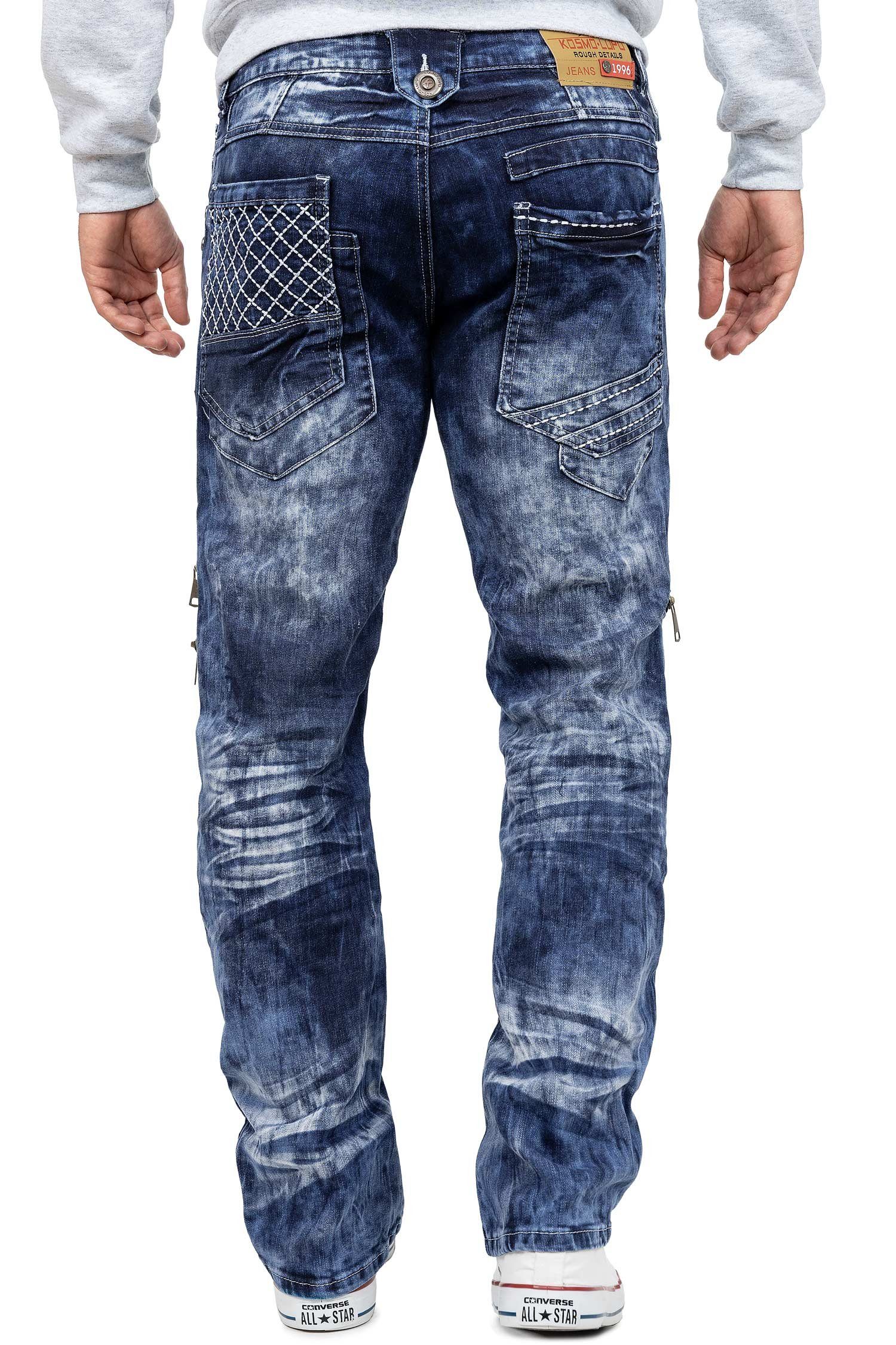 Kosmo Lupo 5-Pocket-Jeans Herren Regular Fit Hose Stonewashed KM8006 (1-tlg) Auffälliges Design mit kontrastierenden weißen Nähten – Bild 2 von 5