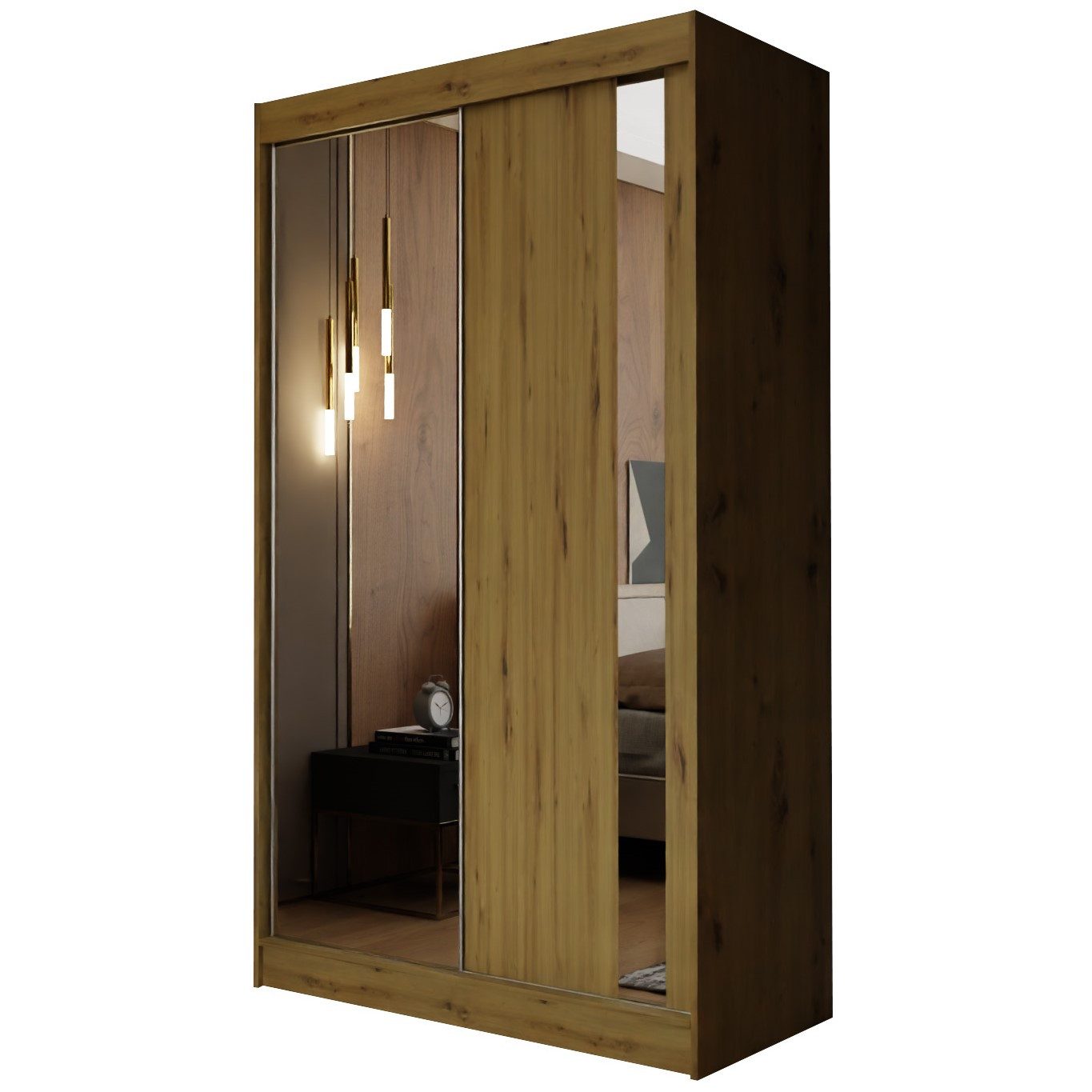 Masseno Schwebetürenschrank GRAZIA 120 cm Kleiderschrank mit Spiegel 2 Türen Eiche Artisan
