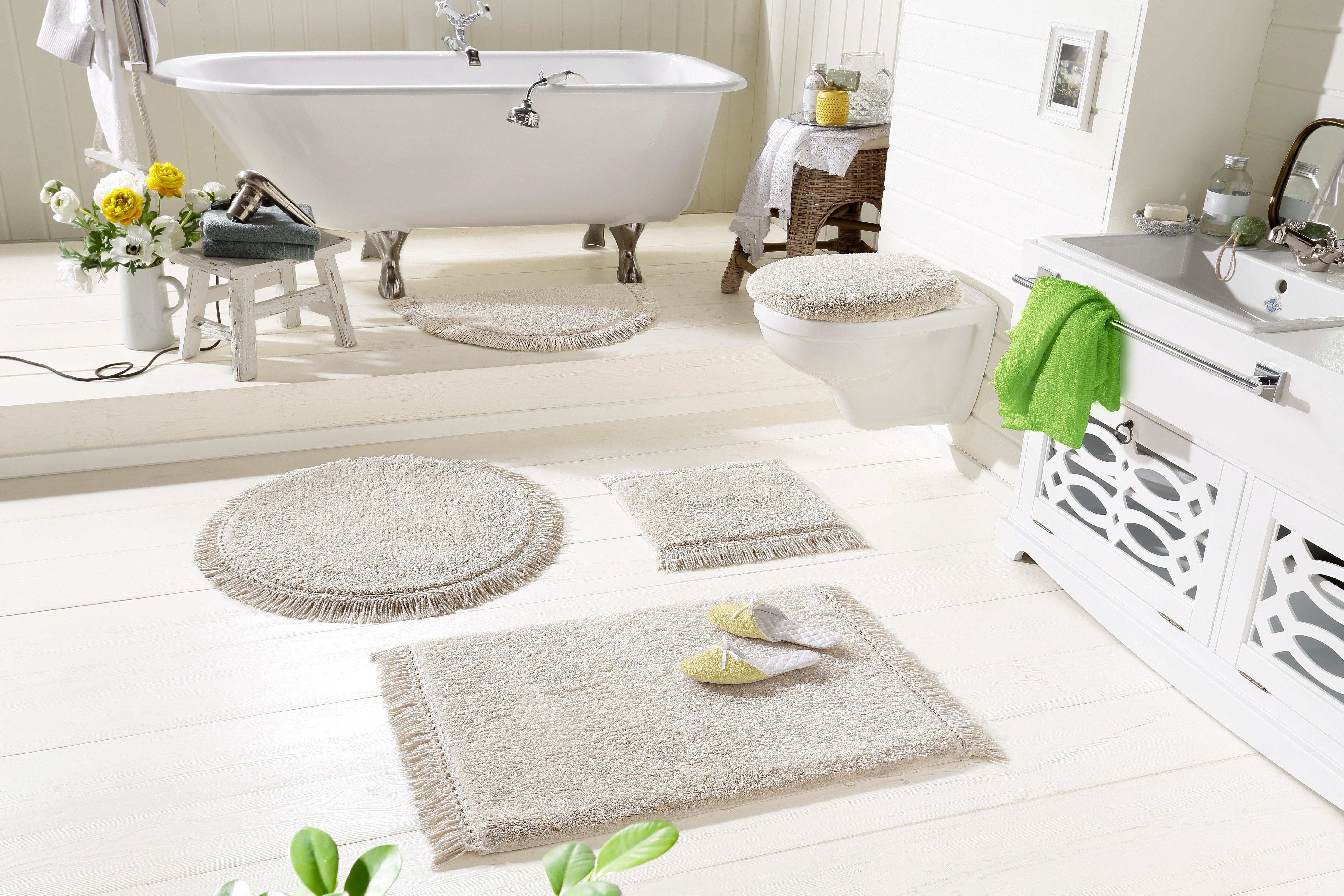 OTTO home Badematte Finca, Badvorleger, Badezimmer Teppich, Höhe 16 mm, rutschhemmend beschichtet, fußbodenheizungsgeeignet, strapazierfähig, Baumwolle (Bio-Baumwolle), quadratisch, Fransen, Boho, Badteppich, Bio-Baumwolle, auch als 3 teiliges Set