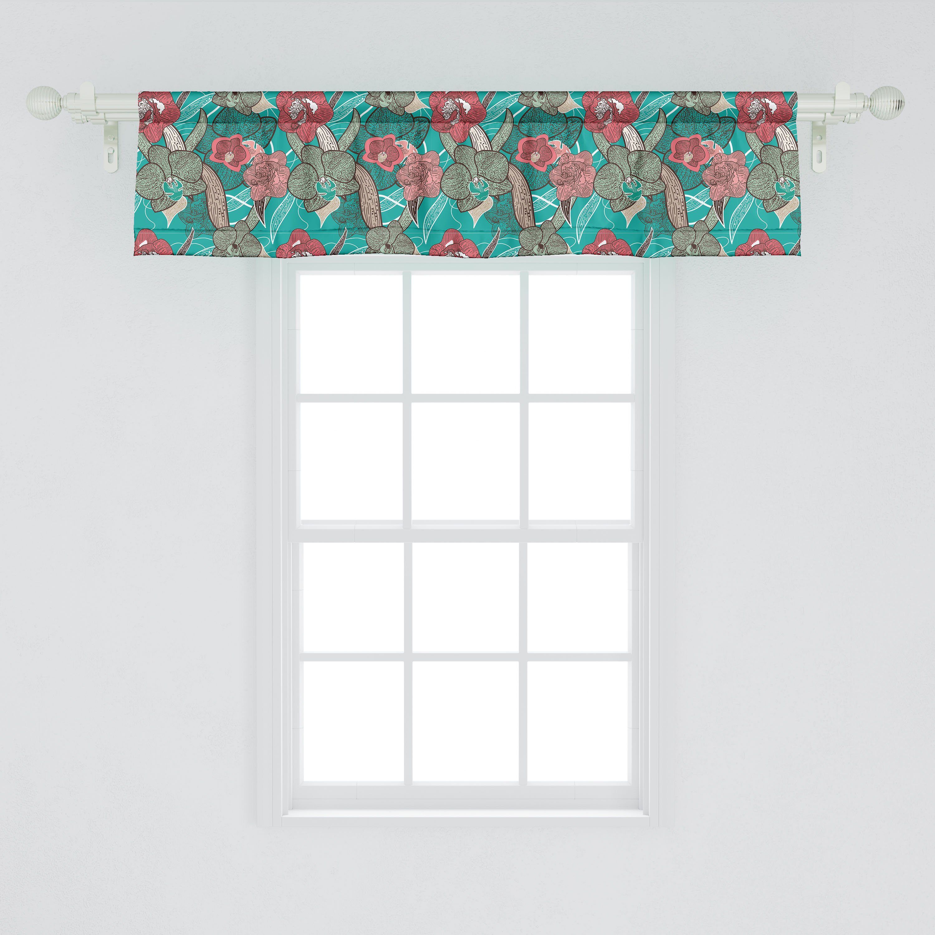 Stangentasche, Scheibengardine Abakuhaus, für bunte Volant Blume mit Dekor Schlafzimmer Microfaser, Blüten Drawn Küche Hand Vorhang