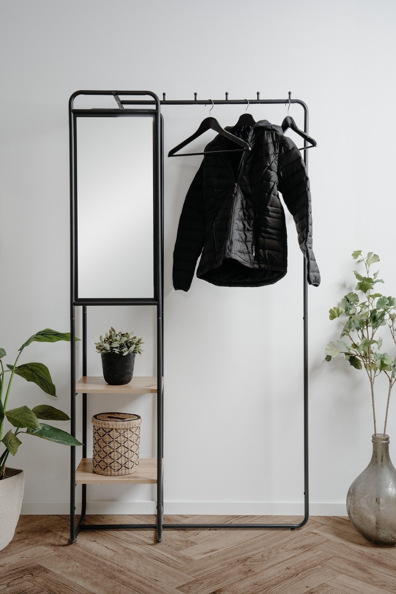 Finori Kompaktgarderobe Spiegel, Ablagen, schwarz / Dekor Artisan Eiche - 100x185x37 (BxHxT)