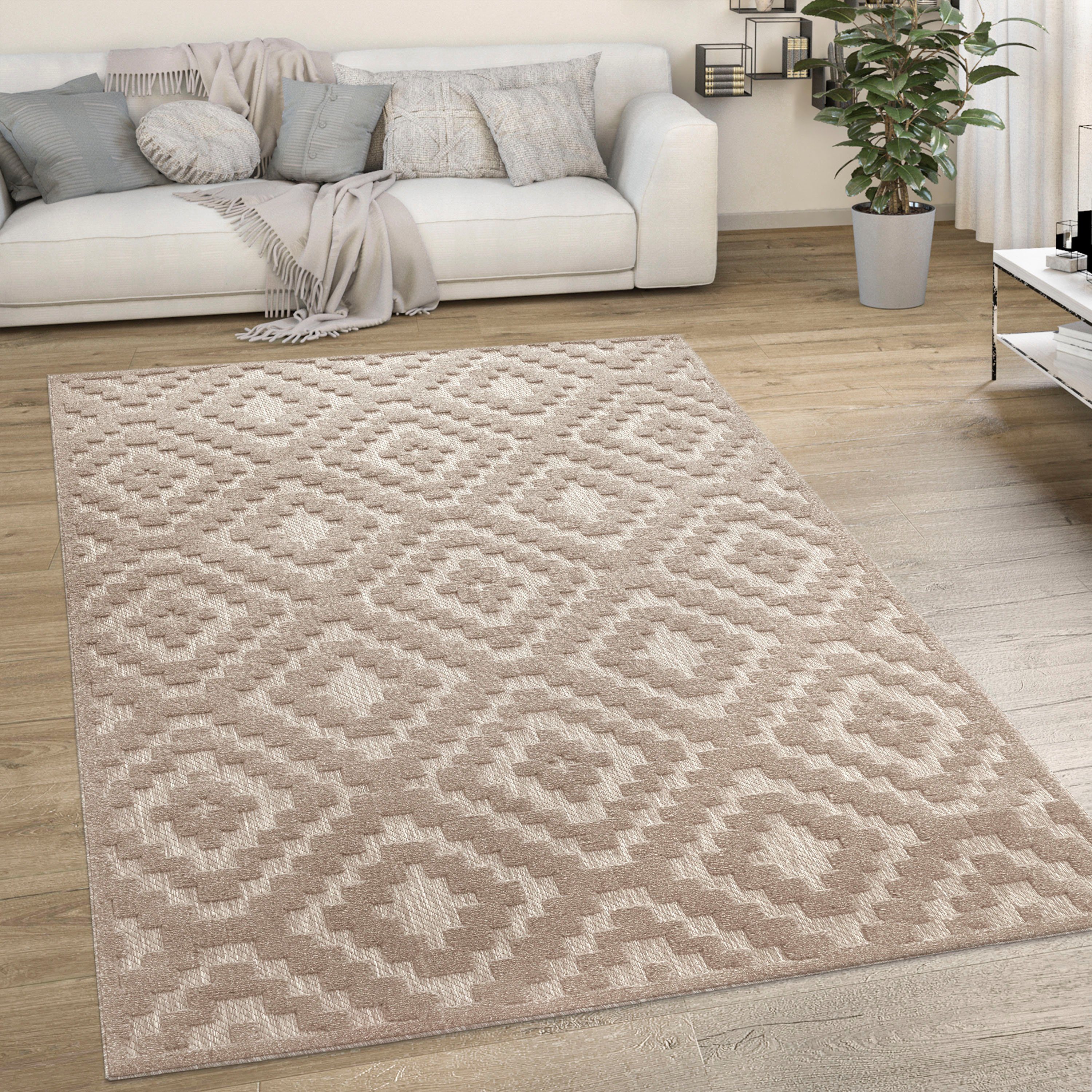 Teppich Livorno 671, Paco Home, rechteckig, Höhe: 14 mm, Uni-Farben, Scandi, Rauten Muster, Hoch-Tief Effekt, Outdoor geeignet beige | Kurzflor-Teppiche