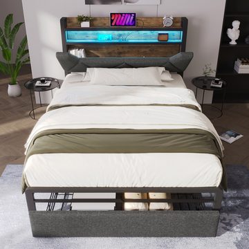 Ulife Polsterbett Kinderbett Jugendbett mit USB Typ C und Schubladen, Ladefunktion Stauraum-Kopfteil und LED-Beleuchtung, 90x200cm