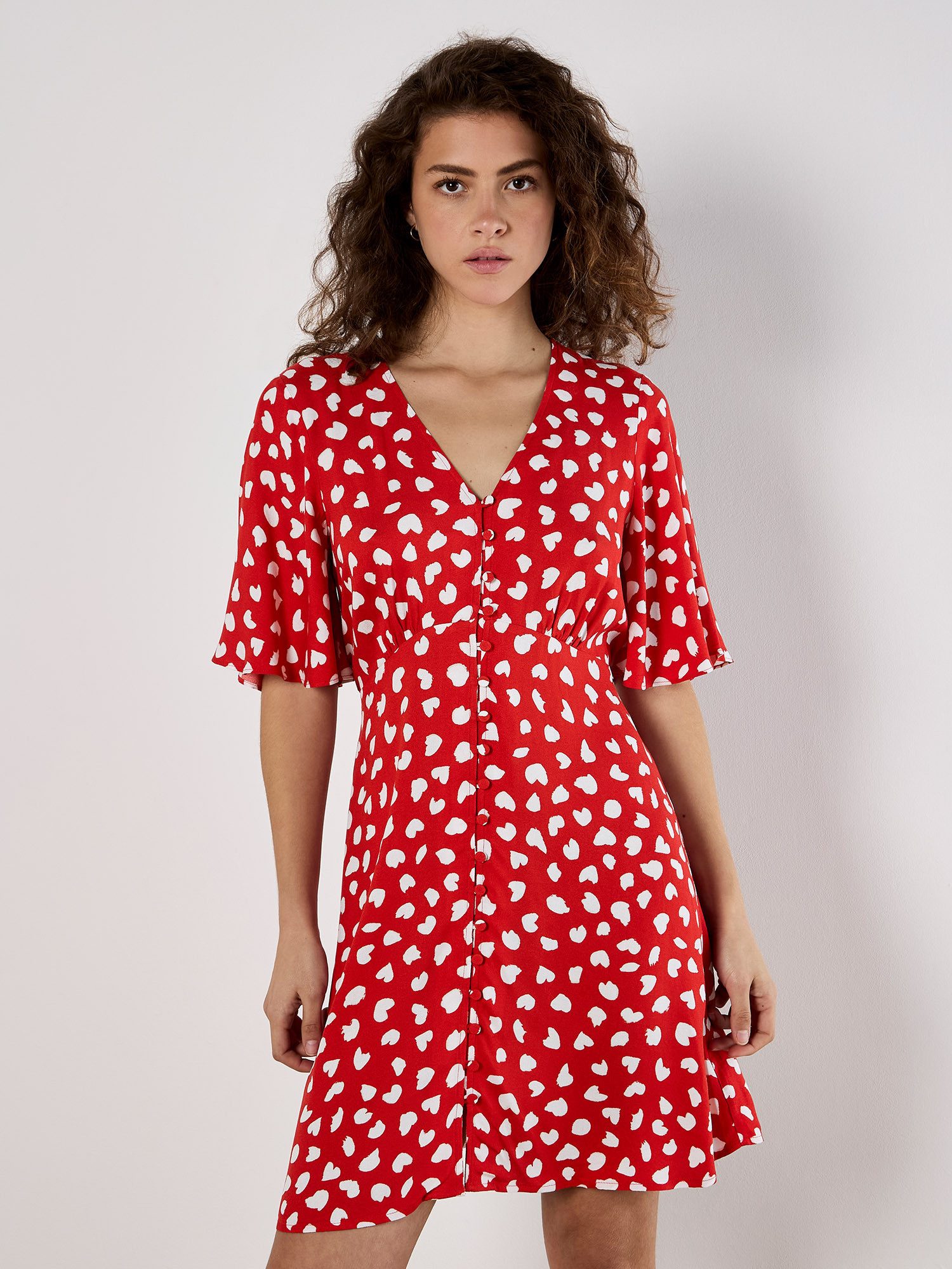 Apricot Minikleid Herzchen Kleid mit Knopfleiste mit Flügelarmen