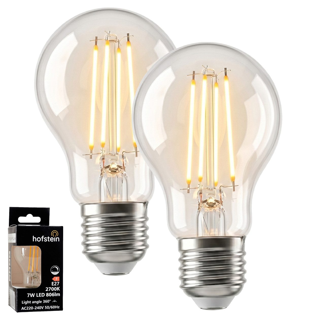 hofstein LED-Leuchtmittel 2er Set Glühbirne Warmweiß dimmbar 7 Watt, E27, 2700 Kelvin, 800 Lumen, Klassisch, Filament, Klar
