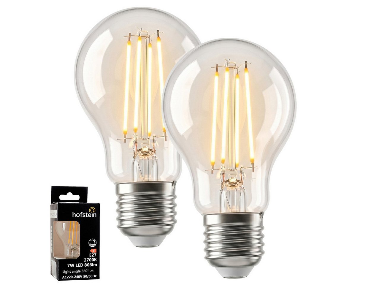 hofstein LED-Leuchtmittel 2er Set Glühbirne Warmweiß dimmbar 7 Watt, E27, 2700 Kelvin, 800 Lumen, Klassisch, Filament, Klar