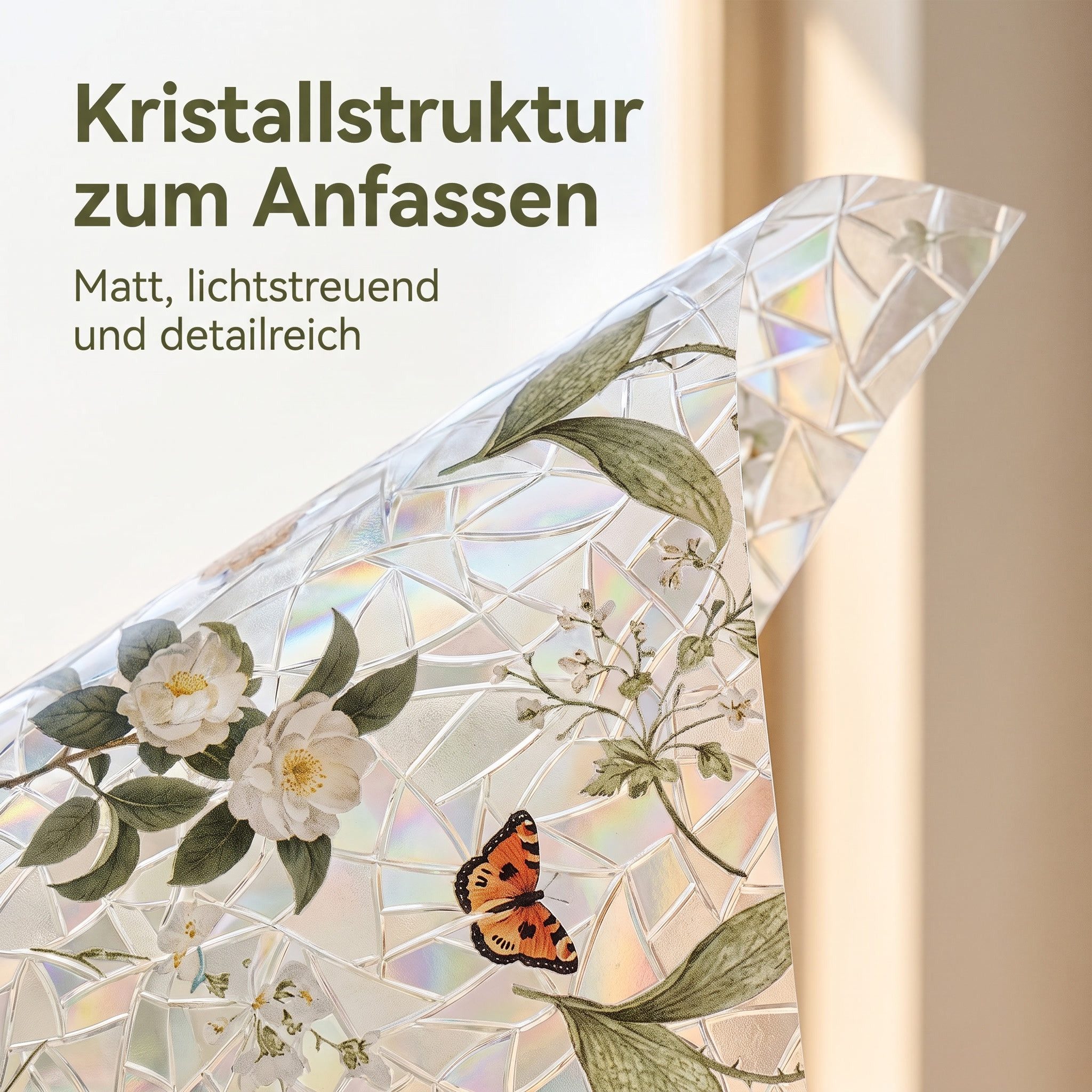 HomeBella Fensterfolie Buntglasoptik mit Blumen & Schmetterlingen, Dekorative Glasdekorfolie mit Blättermuster für Fenster & Glastüren – Bild 5 von 5