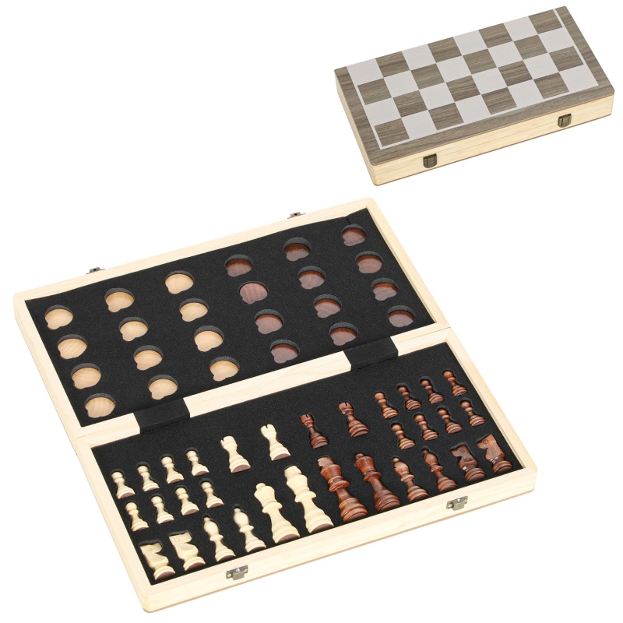 MC Star Spielesammlung Faltbares Spiele-Set, Schach und Dame, kompakter Koffer, Walnuss, Zubehör