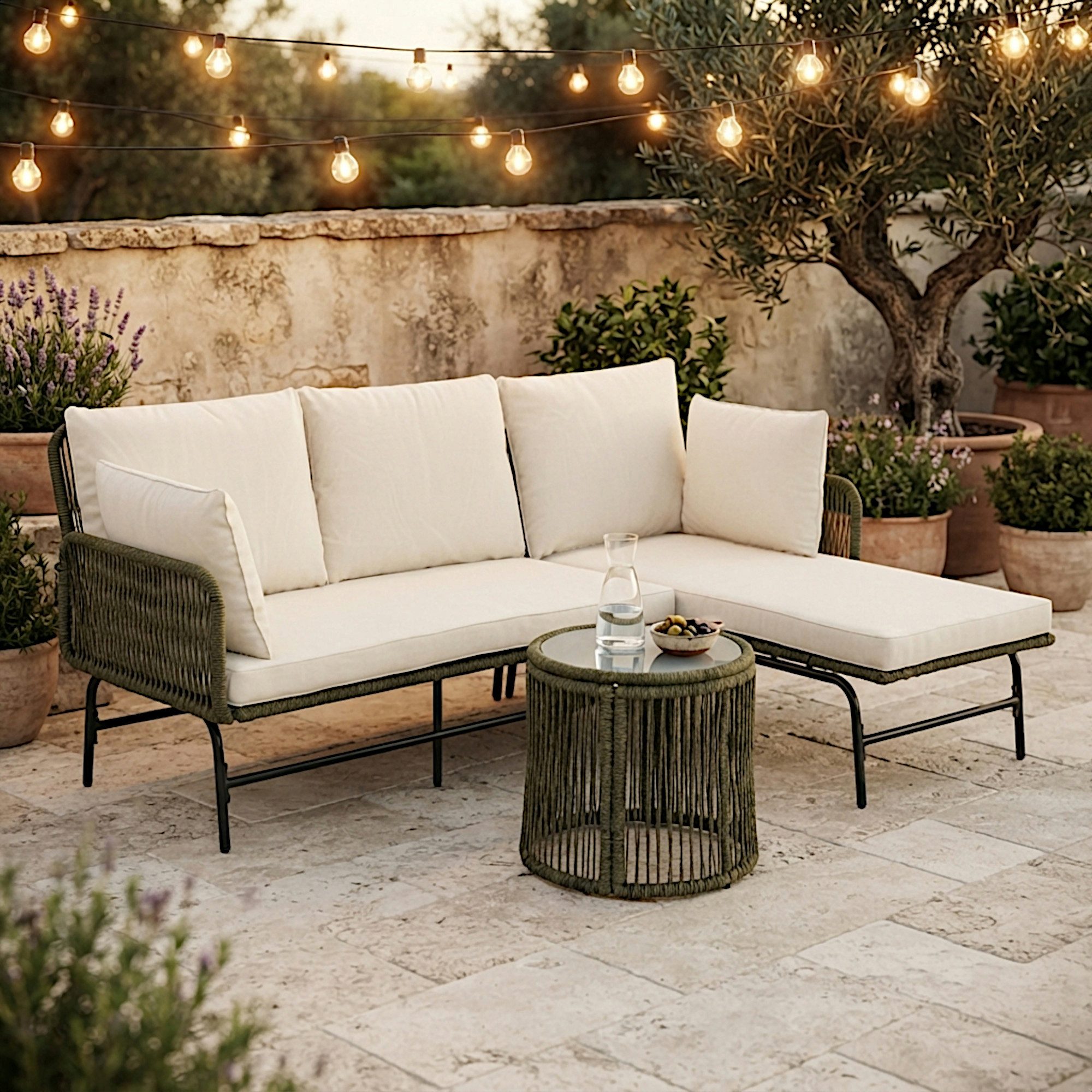 ESTEXO Sitzgruppe Gartenmöbel Set Lounge Rope Seil-Optik Gartenbank Gartenset Oliv Grü
