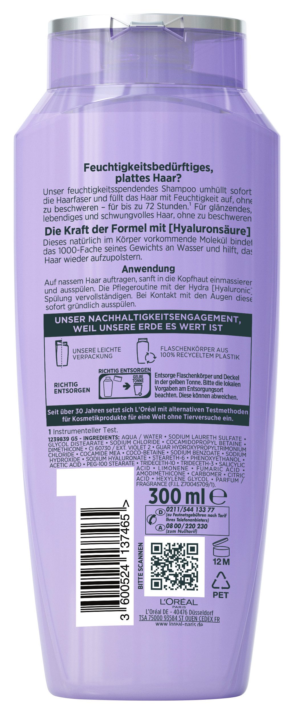 L'ORÉAL PARIS Haarshampoo L'Oréal Paris Elvital Hydra [Hyaluronic] Shampoo, Packung, 6-tlg., Hyaluronsäure für trockenes Haar, spendet 72h lang Feuchtigkeit.