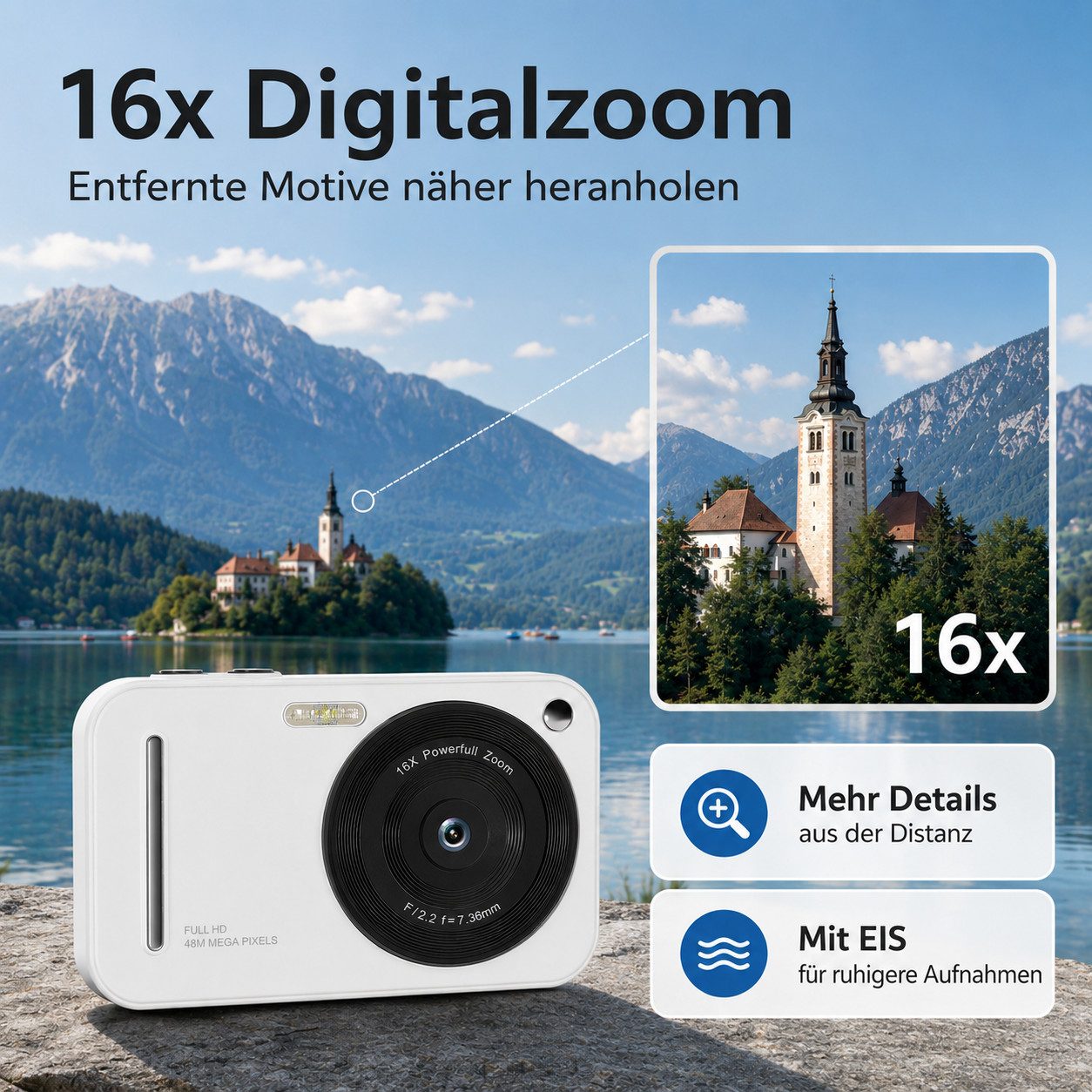 Tekoo Digitalkamera für Einsteiger, 48MP Full HD inkl. 32GB Karte & 16x Zoom Kompaktkamera (HD Autofokus Objektiv, 48 MP, 1x opt. Zoom, inkl. 8-teiliges Komplettset inklusive 32GB Speicherkarte, 48MP Auflösung, Inklusive 32GB Speicherkarte)