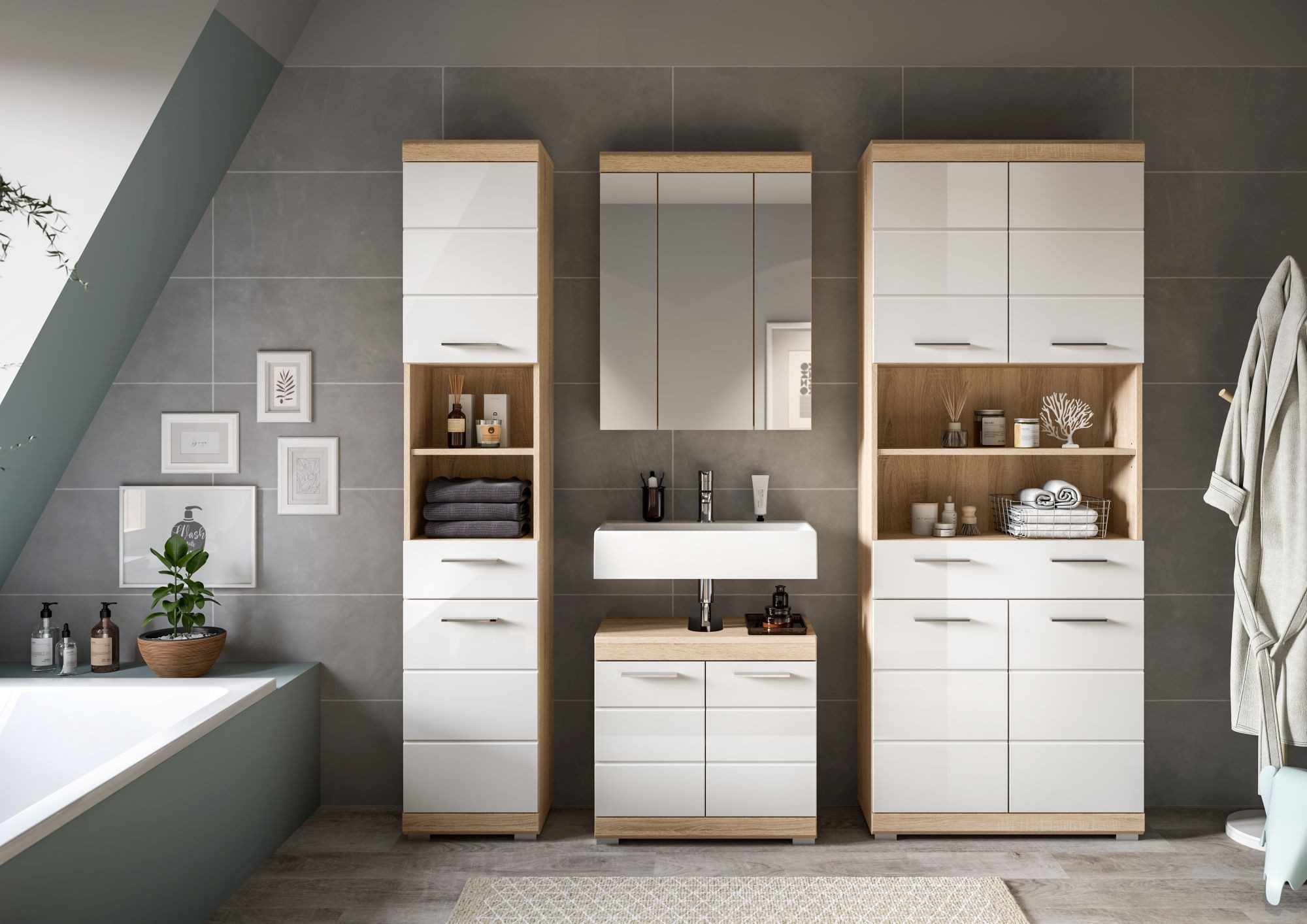 xonox.home Badmöbel-Set, (4tlg. Set inkl. Hochschrank, WBU, Spiegelschrank, Bad Midischrank), Sonoma Eiche Hell Weiß Hochglanz Melamin Modern 186x191x34 cm