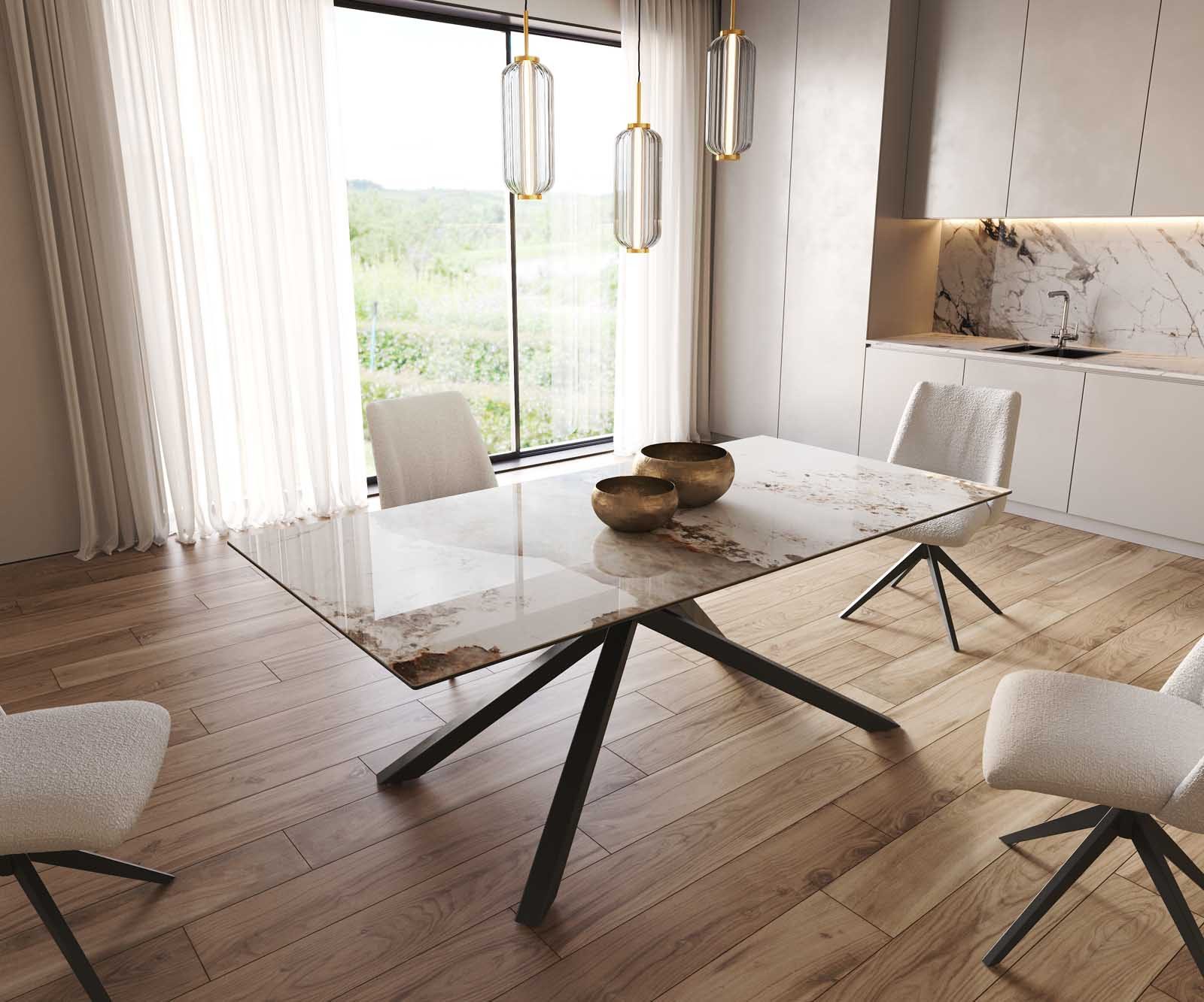 DELIFE Esstisch Edge, Keramik Minas Melange Weiß-Beige 200x100 Kreuzgestell Rechteck Schwarz