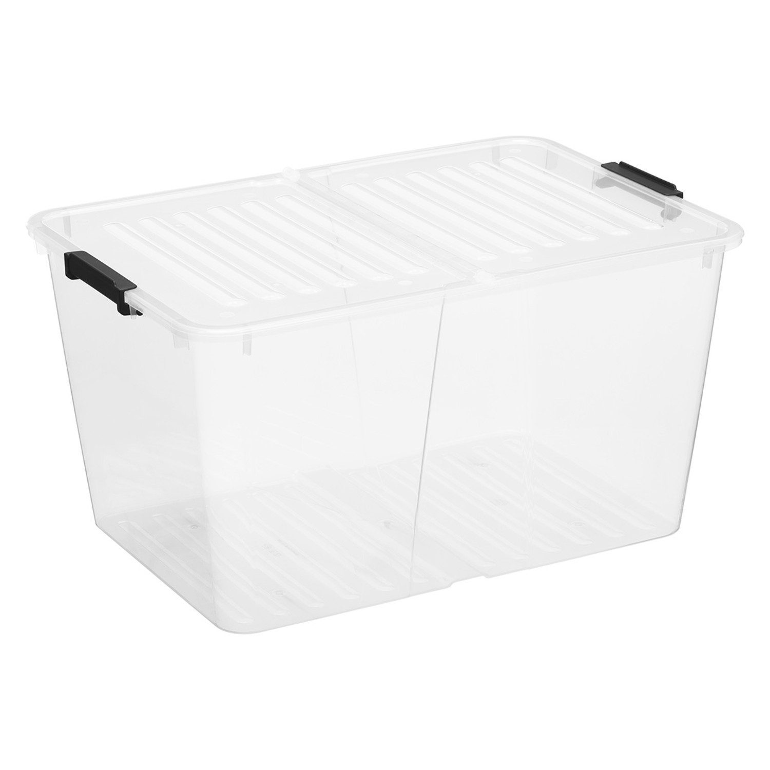 Plast Team Aufbewahrungsbox Behälter mit Doppeldeckel 50l transparent, Doppeldeckelbehälter, Klappdeckel, Sicherheitsclips
