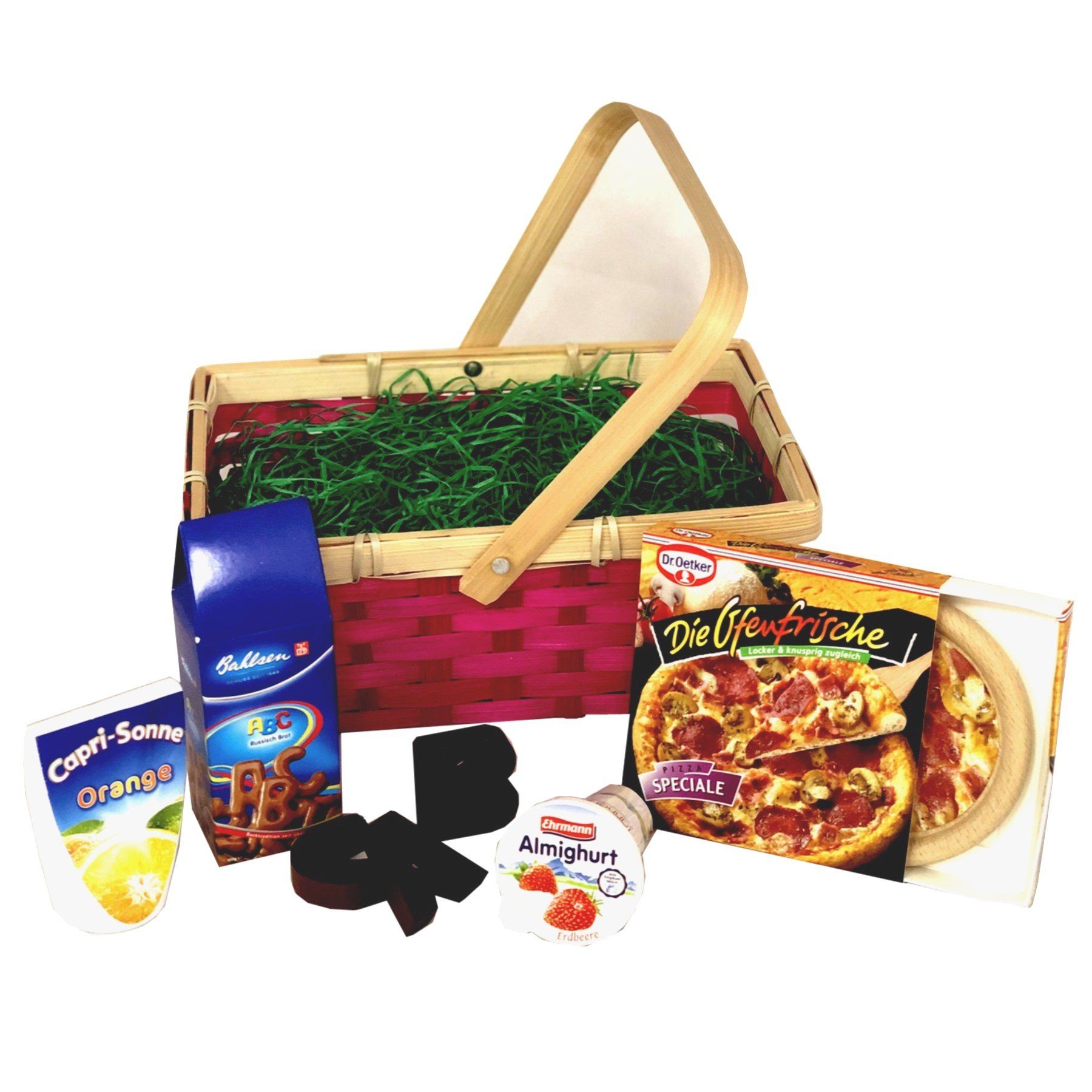 TikTakToo Kaufladensortiment Picknickkorb mit Mittagesse, Pizza, Joghurt, Kekse, Caprisonne, (Spielset, 7-tlg., gefüllter Spankorb), teilweise aus Holz, Geschenkset
