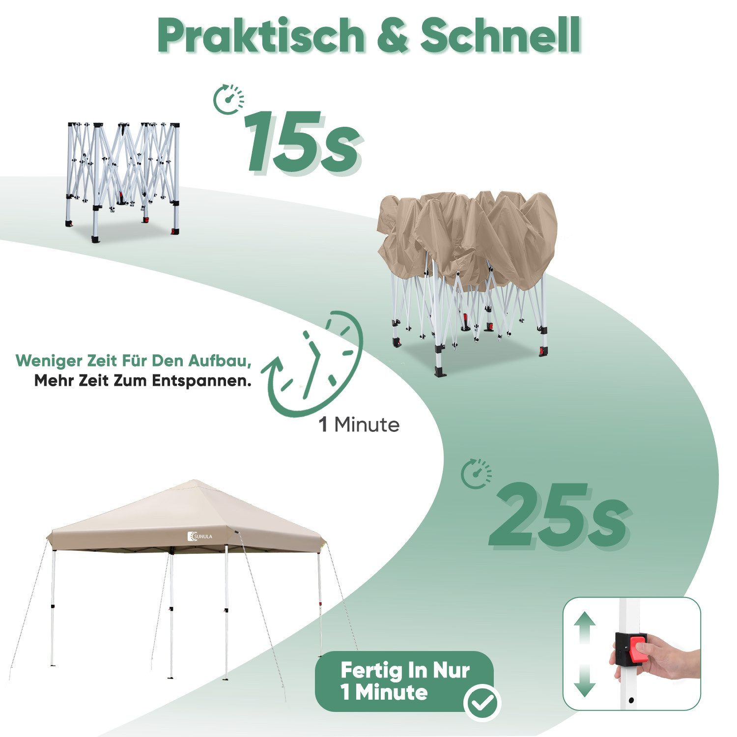 SUNULA Faltpavillon 3x3 m Pavillion Wasserdicht Pop Up Gartenpavillon Winterfest, mit 0 Seitenteilen, Wetterfester Schutz, Leichter Aufbau, Inklusive Tragetasch – Bild 2 von 5