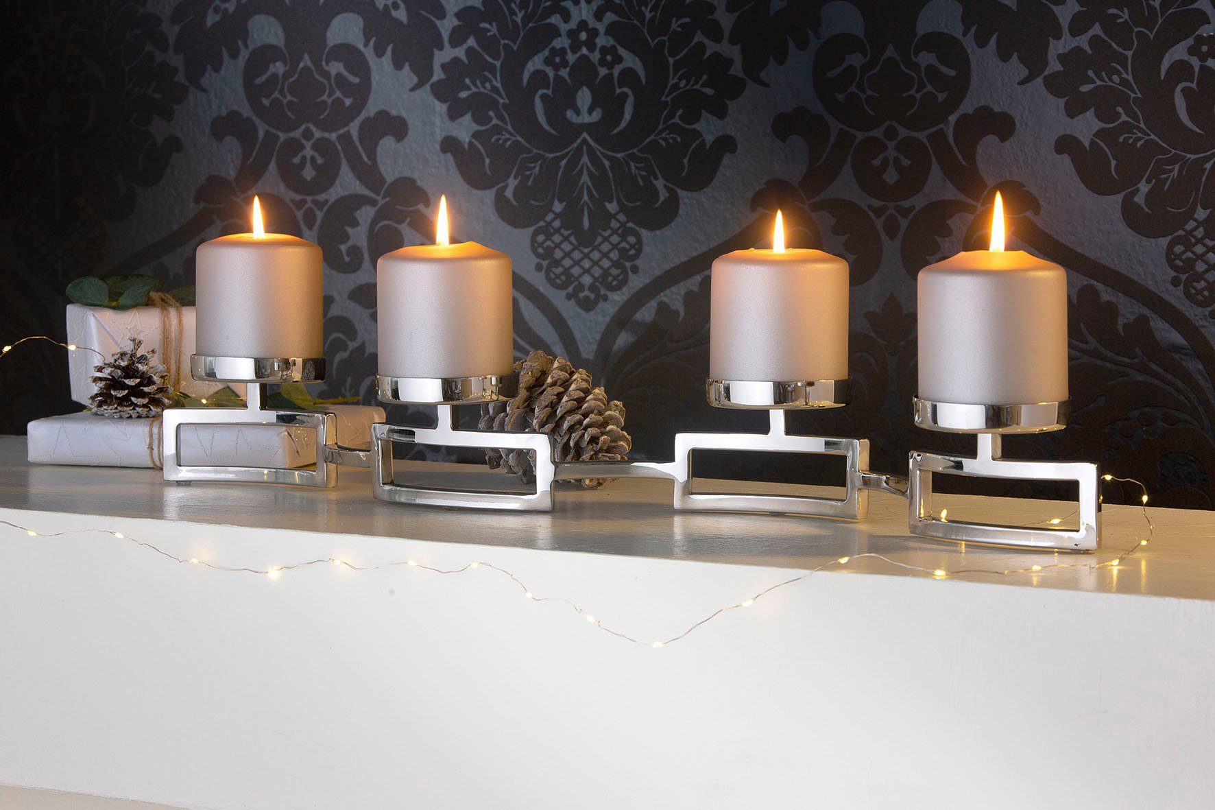 Fink Kerzenleuchter HOMMAGE, Edelstahl St), Adventsleuchter und (1 silberfarben - Weihnachtsdeko 4-flammig, aus Glas